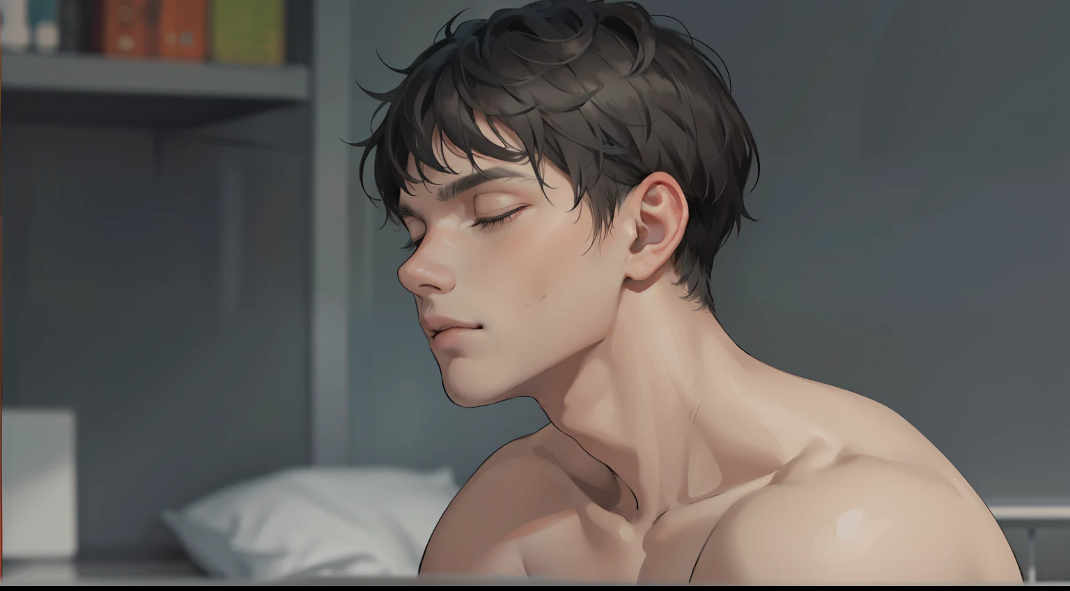 cute 16 year old boy with abundant light gray hair, no shirt, is asleep