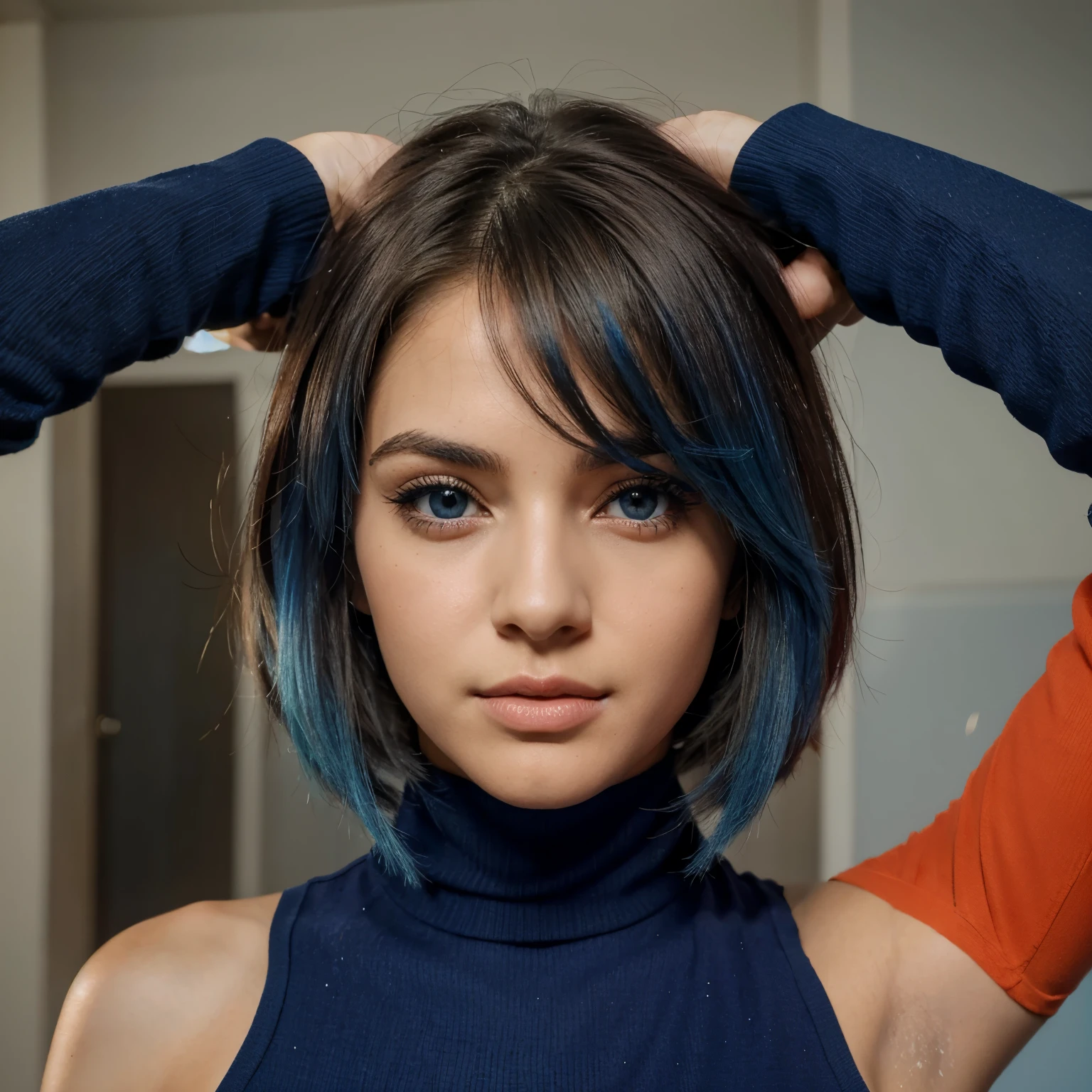 Uma mulher cabelos meio loiros um lado e o outro pretos lisos com olhos azul e com grades peito olha seduzentes