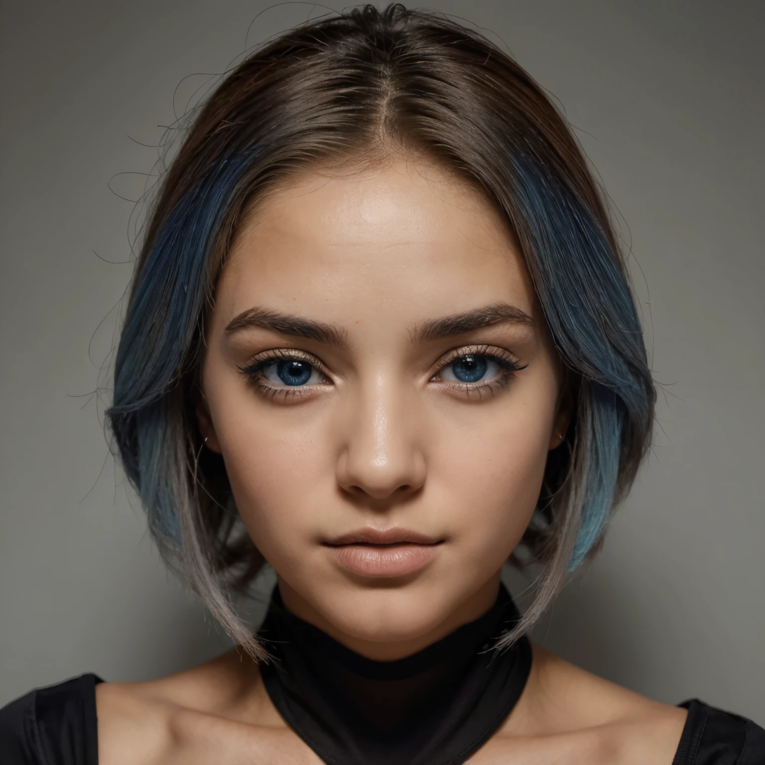Uma mulher cabelos meio loiros um lado e o outro pretos lisos com olhos azul e com grades peito olha seduzentes