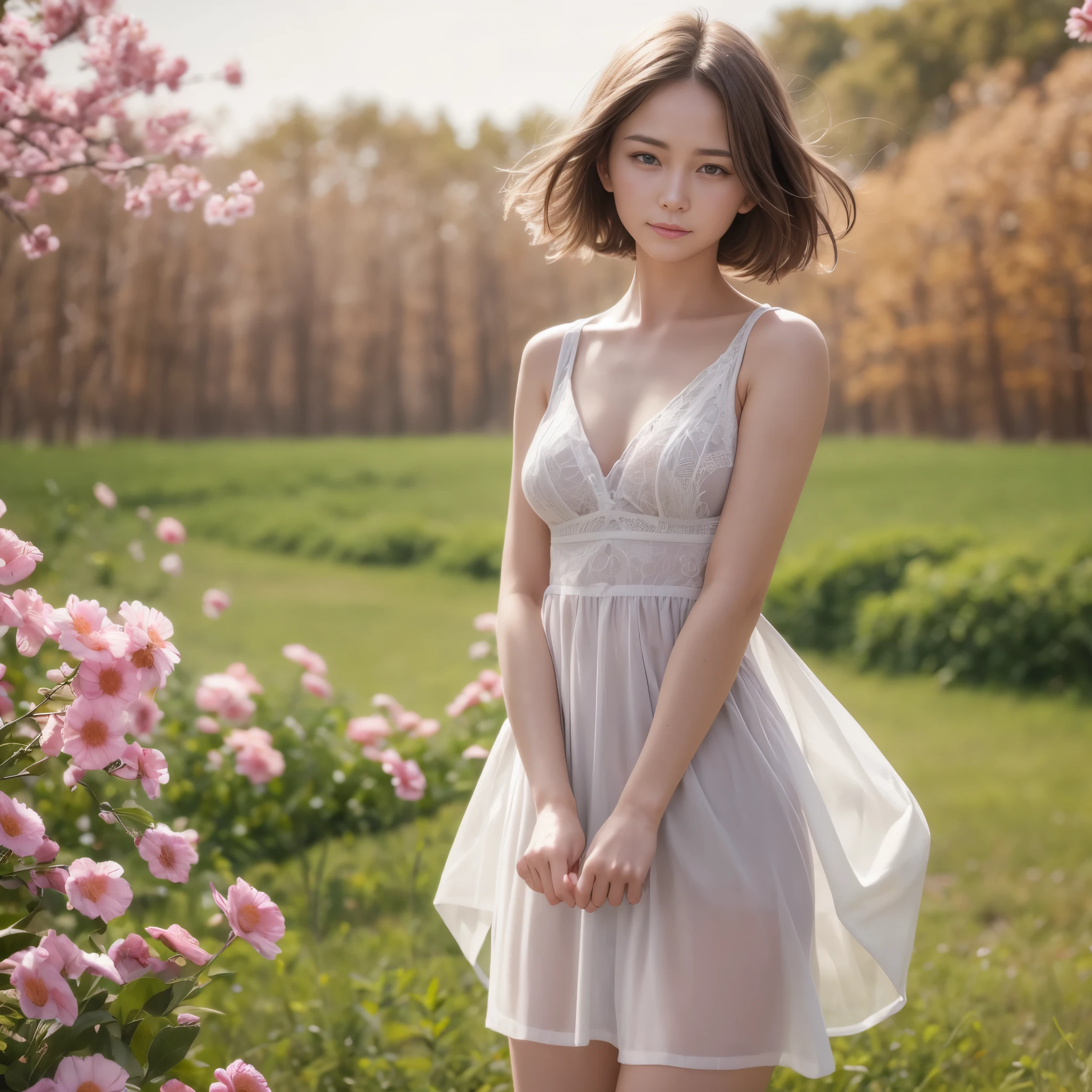 (((NSFW))), (Raw photo:1.2), (realistic), beautiful detailed girl, very detailed eyes and face, beautiful and detailed eyes, huge file size, High resolution, very detailed, highest quality, [table top:1.6], shape, very detailed, small details, highest quality, 8k wallpaper, movie lighting,15 year old girl, Girl living in the countryside, Looking at this page introducing the countryside, A meadow where wildflowers are blooming modestly,  countryside rich in nature,  In underwear, I can see your white bra, I can see white panties, Looks like fun, slender body, young face, immature body, short cut hair,exposed underwear,Looks like fun, In underwearの田舎の女の子, hair blowing in the wind
