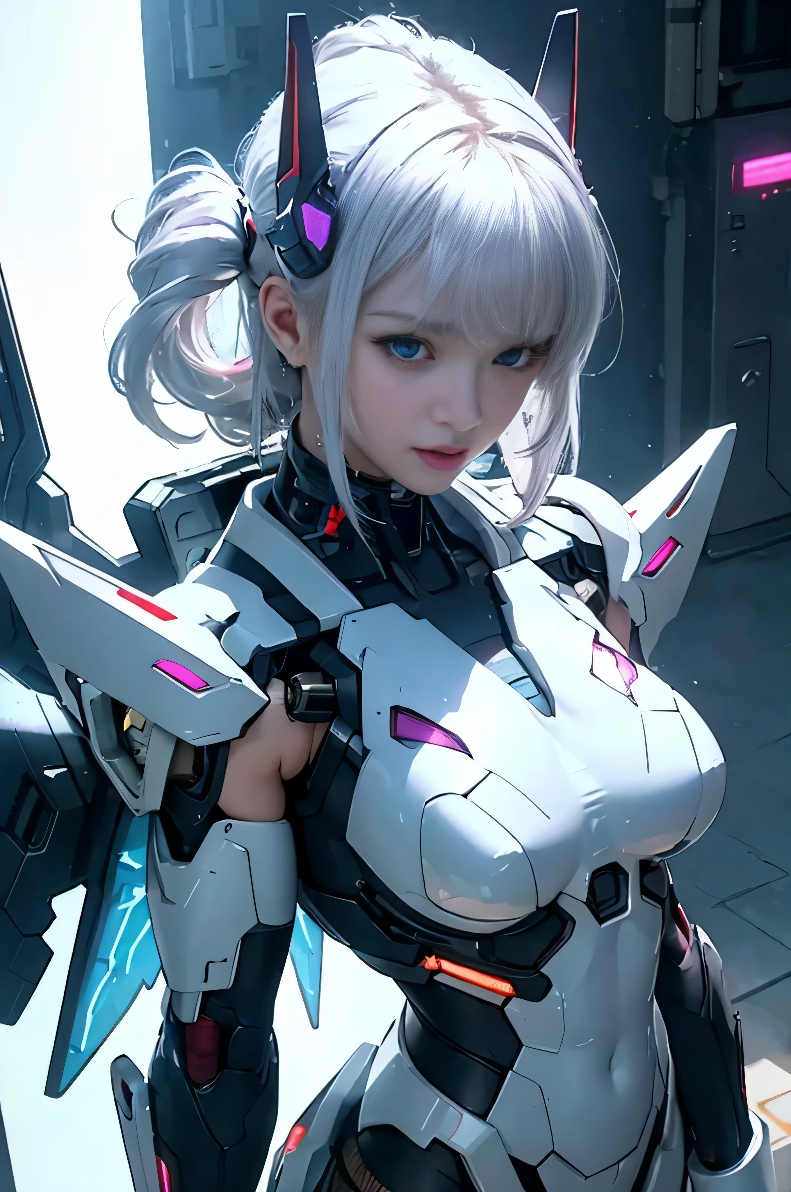 RAW image quality, highest quality、masterpiece、ultra high resolution、(photorealistic:1.4)、Raw photo、battle cyborg angel、large metal wings、white porcelain body、acrylic clear cover、gray hair、Glossy skin、1  cyborg girl、((Super realistic details))、Portrait、global illumination、shadow area、octane rendering、8K、ultra sharp、character edge light,huge 、The bare skin of the cleavage is exposed、Intricate ornament details、Double Zeta Gundam details、hydraulic cylinder、small led lamp、very intricate details、realistic light、purple eyes、shining eyes、facing the camera、neon details、cowboy shot、futuristic headgear、About Cyberpunk、、