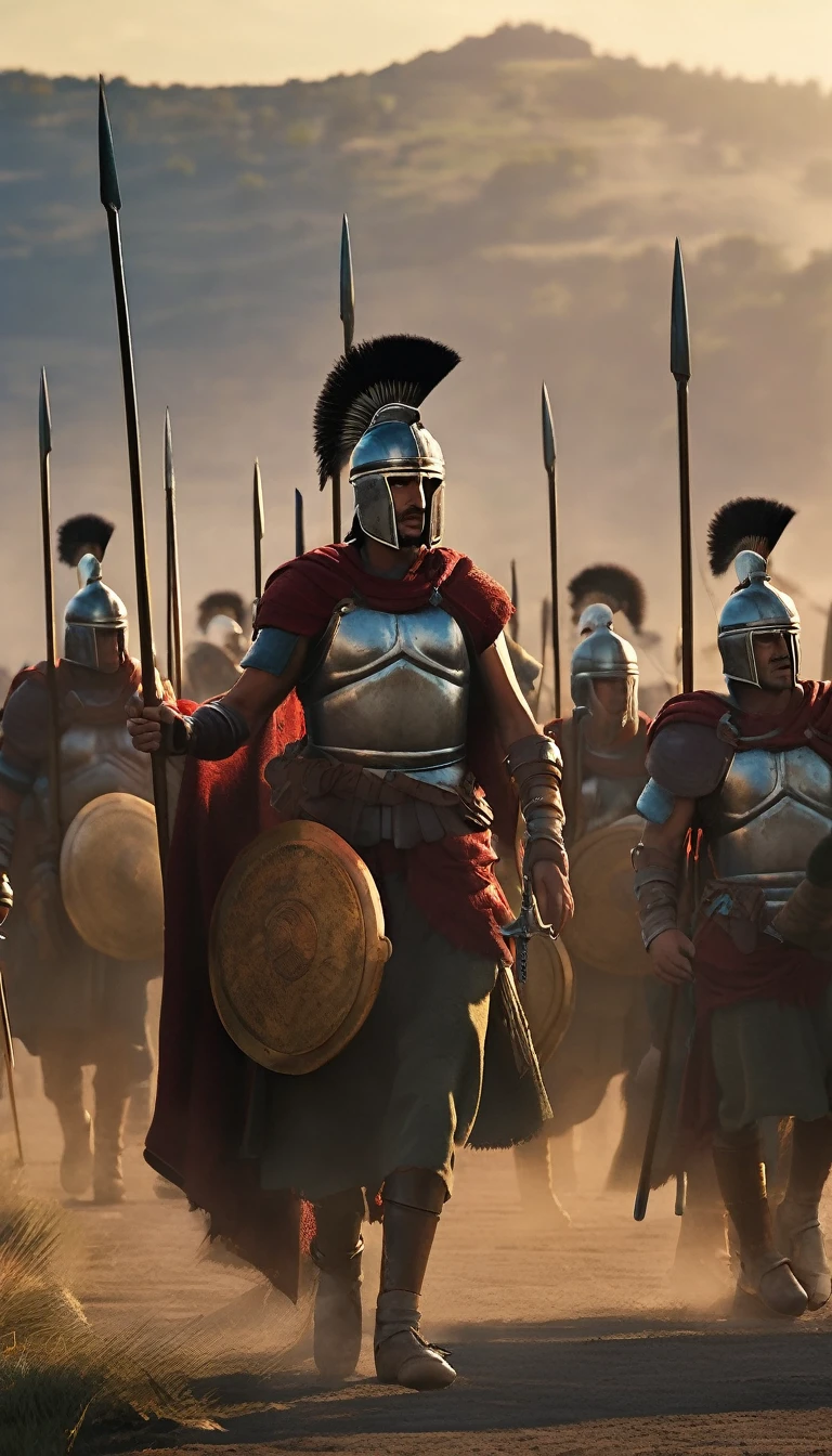 Spartan army in formation at dawn, shields glinting with the first light, spears poised, a landscape of rolling hills and battle-weary structures in the background, morning mist curling around their ankles, war banners fluttering in the gentle breeze, crowd cheering for them , detailed face, detailed face expressions, natural face expressions, face in detail, asymmetrical faced,(tall and slender body), fair and smooth skin, detailed hands, detailed fingers, masterpiece, cinematic lighting, physically based rendering, lens flare, award winning rendering, perfect rendering detail, 8K, realism, detailed background, everything in detail, cinematic shot, dynamic lighting, 75mm, Technicolor, Panavision, cinemascope, fine details, 8k, HDR, realism, realistic, key visual, film still, superb cinematic color grading, depth of field, ,midjourney,