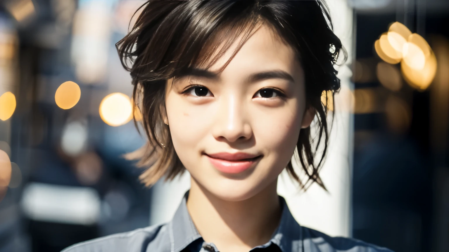 Photographed at a cafe in New York,photo-realistic, surreal, cinematic lighting, 32k, 1 girl, look up, Backlight, (bright light:1.2), (Improvement of quality:1.4), (Highest quality realistic textured skin:1.4), detailed eyes, detailed face, shy smile, close up of face, short hair, blouse, (Enhances the beauty of skin texture:1.1), matte texture,Inside the cafe, beauty salon model
