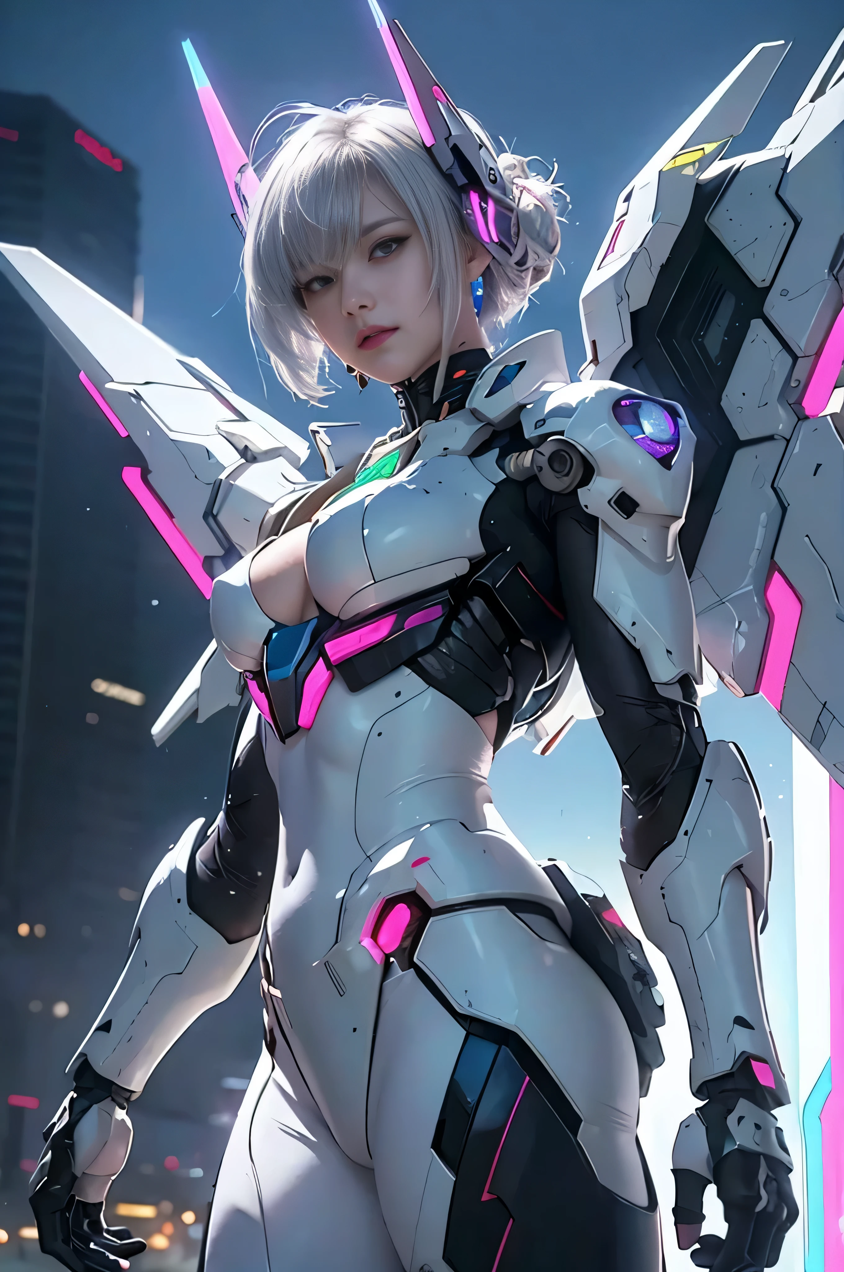 RAW image quality, highest quality、masterpiece、ultra high resolution、(photorealistic:1.4)、Raw photo、battle cyborg angel、large metal wings、white porcelain body、acrylic clear cover、gray hair、Glossy skin、1  cyborg girl、((Super realistic details))、Portrait、global illumination、shadow area、octane rendering、8K、ultra sharp、character edge light,huge 、The bare skin of the cleavage is exposed、Intricate ornament details、Double Zeta Gundam details、hydraulic cylinder、small led lamp、very intricate details、realistic light、purple eyes、shining eyes、facing the camera、neon details、cowboy shot、futuristic headgear、About Cyberpunk、、