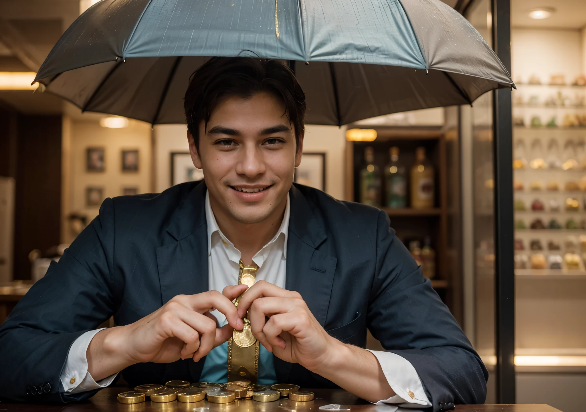 An elegant businessman who is happy and smiling. He will be holding an umbrella and with it he is protecting an amount of his money and gold that is in his hands. The image must have shades of teal and gold and refer to the financial market.