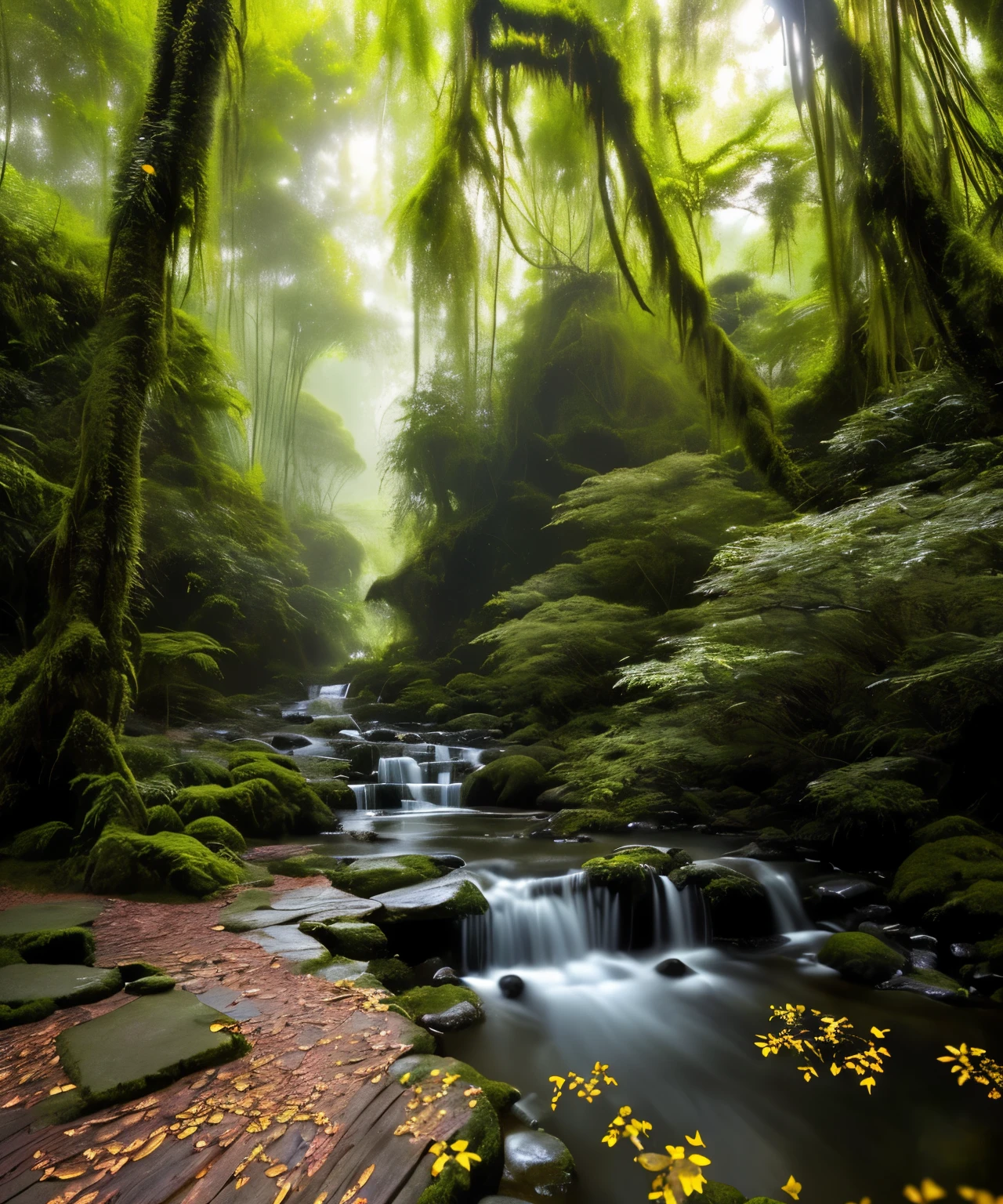 the rainforest，Little Meteor Works: 1.3), (8K, lifelike, original photo, best quality: 1.4), Damp rainforest,forest,jungle，There is heavy rainfall，monochrome，There are vines all around，huge wet trees，(jungle阴暗潮湿:1.8),There is a swamp on the ground,There is a smell of obstruction in the woods，Weird poisonous bugs，Breathtaking forest scene，Tall trees reach toward the sky，sunlight through leaves，Cast a golden glow on the forest floor。Stream flows through mossy rocks，Create a peaceful atmosphere。Delicate branches are adorned with vibrant flowers and leaves，Add a touch of color to your scene。Fireflies dance in the air，Soft light illuminates the surroundings。The air is filled with soft melodies，Butterflies dancing in the flowers。in the complex、This mesmerizing moment is captured in high-quality illustrations，and pay attention to the finest details and realistic shadows,((郁郁葱葱的jungle / oasis / desert island / temple ruins)), Sensual, Evocative pose, complex, Very detailed, Anders Zorn, Sophie Anderson, Lia Kuvshinov