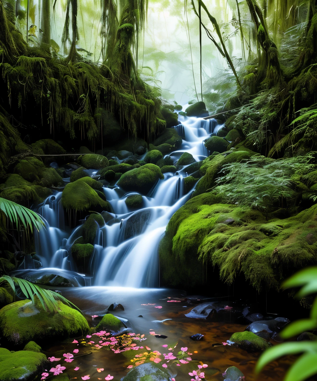 the rainforest,Little Meteor Works: 1.3), (8K, lifelike, original photo, best quality: 1.4), Damp rainforest,forest,jungle,There is heavy rainfall,monochrome,There are vines all around,huge wet trees,(jungle阴暗潮湿:1.8),There is a swamp on the ground,There is a smell of obstruction in the woods,Weird poisonous bugs,Breathtaking forest scene,Tall trees reach toward the sky,sunlight through leaves,Cast a golden glow on the forest floor。Stream flows through mossy rocks,Create a peaceful atmosphere。Delicate branches are adorned with vibrant flowers and leaves,Add a touch of color to your scene。Fireflies dance in the air,Soft light illuminates the surroundings。The air is filled with soft melodies,Butterflies dancing in the flowers。in the complex、This mesmerizing moment is captured in high-quality illustrations,and pay attention to the finest details and realistic shadows,((郁郁葱葱的jungle / oasis / desert island / temple ruins)), Sensual, Evocative pose, complex, Very detailed, Anders Zorn, Sophie Anderson, Lia Kuvshinov