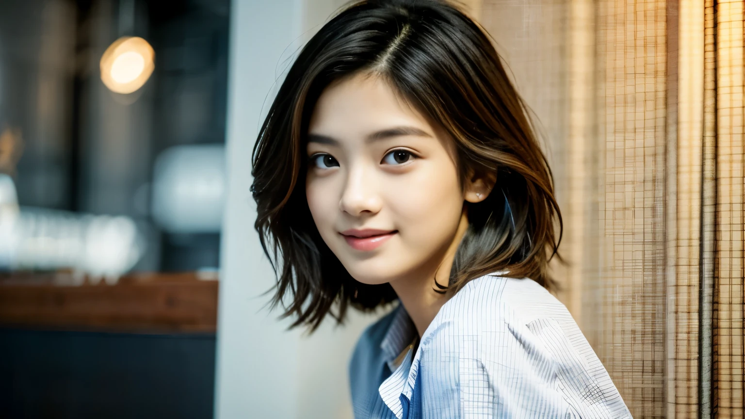 Photographed at a cafe in New York,photo-realistic, surreal, cinematic lighting, 32k, 1 girl, look up, Backlight, (bright light:1.2), (Improvement of quality:1.4), (Highest quality realistic textured skin:1.4), detailed eyes, detailed face, shy smile, close up of face, short hair, blouse, (Enhances the beauty of skin texture:1.1), matte texture,Inside the cafe, beauty salon model
