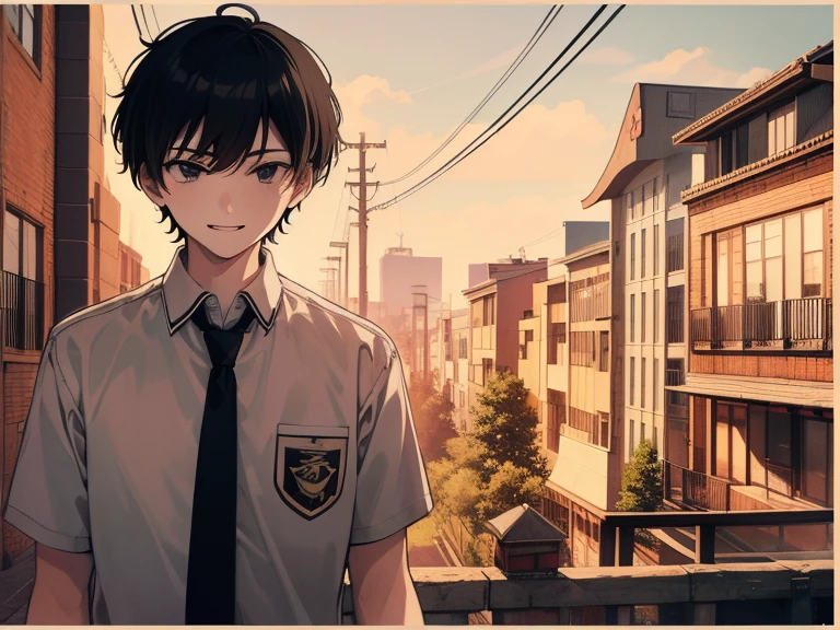 boy, men, (((long shot, shot from the front, smiling, 1 boy, white , short hair, black hair, black eyes, high school student, tall, serious face, tie))), ((On the way home from school))、((uniform))、(masterpiece), (high resolution), (highest quality), (super delicate), ((line drawing manga style)), wallpaper, comic style illustration, painting style, heartwarming outline, ((youth)), (((student))), (unique atmosphere), unique world view, unique atmosphere, school life, youth Town, (masterpiece), (high resolution), (highest quality), (super delicate), line drawing manga style, comic style illustration, drawing style, warm outline color, (clear), (obvious)