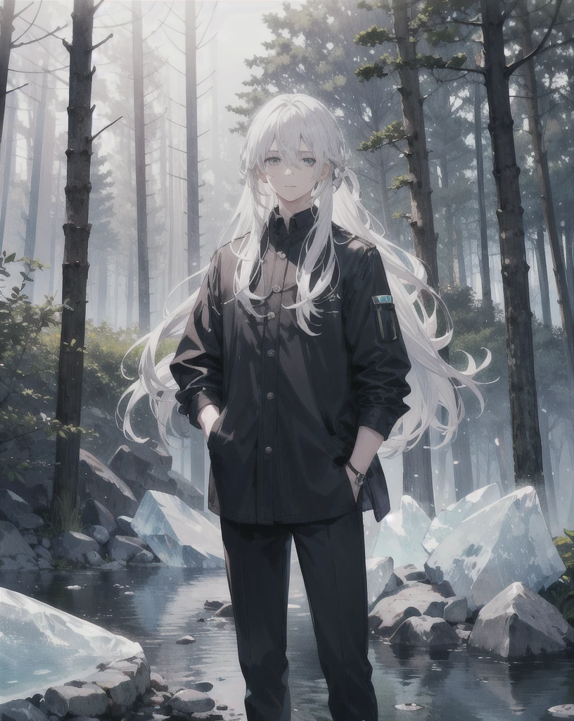 young boy,man,long hair,white hair,blue eyes,standing in the middle of the forest,spell,ice,realistic,4k,charming,very detailed,thin,