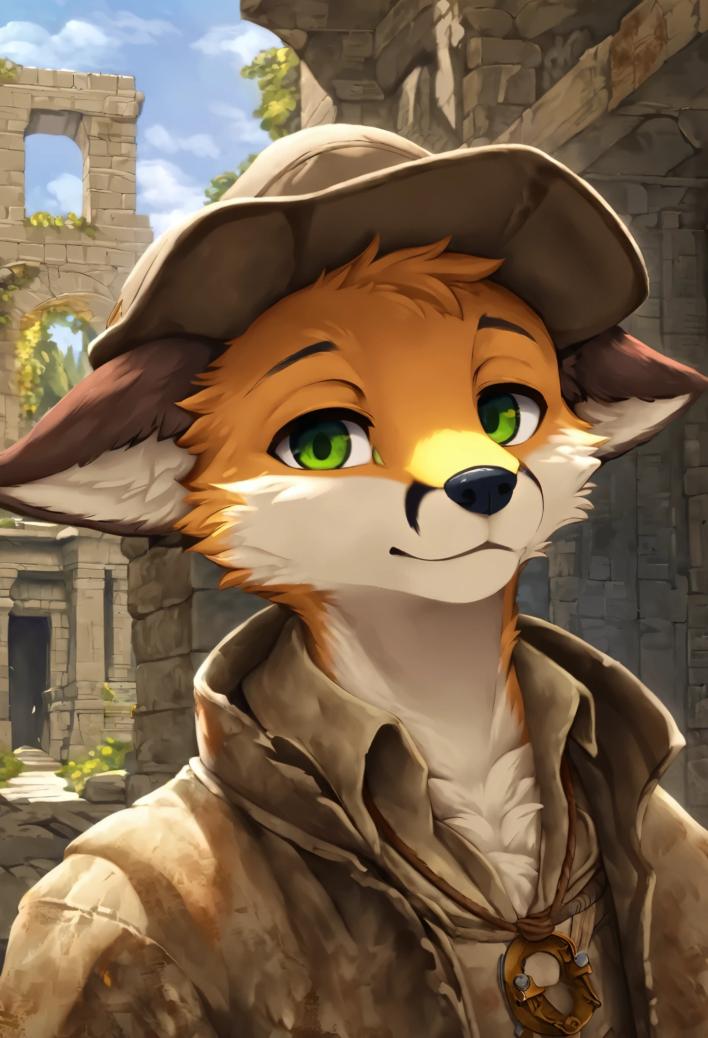 cover page, highres, top quality, best quality, paid reward available, unparalleled masterpiece, perfect artwork, absurdres, High-quality illustrations by Michelangelo, by Johannes Vermeer, masterpiece, super high resolution, detailed background, Old Ruins, Dungeons, Indiana Jones series(highly detailed beautiful face and eyes)absurdres, perfect anatomy(handsome 1boy, kemono, solo focus, Adventurer, Archaeologist)(furry)(furry anthro:1.7)(Furry body, fox facial features, fox body features)(very detailed body fur)full body, Dirty Coat and Hat,