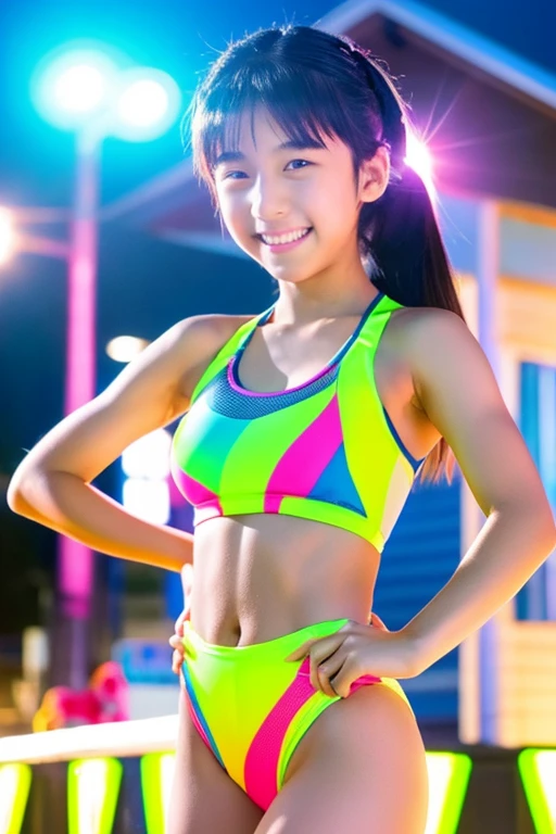 Tight neon racing swimsuit smile muscular Kawaii Junior High School Student show your armpits