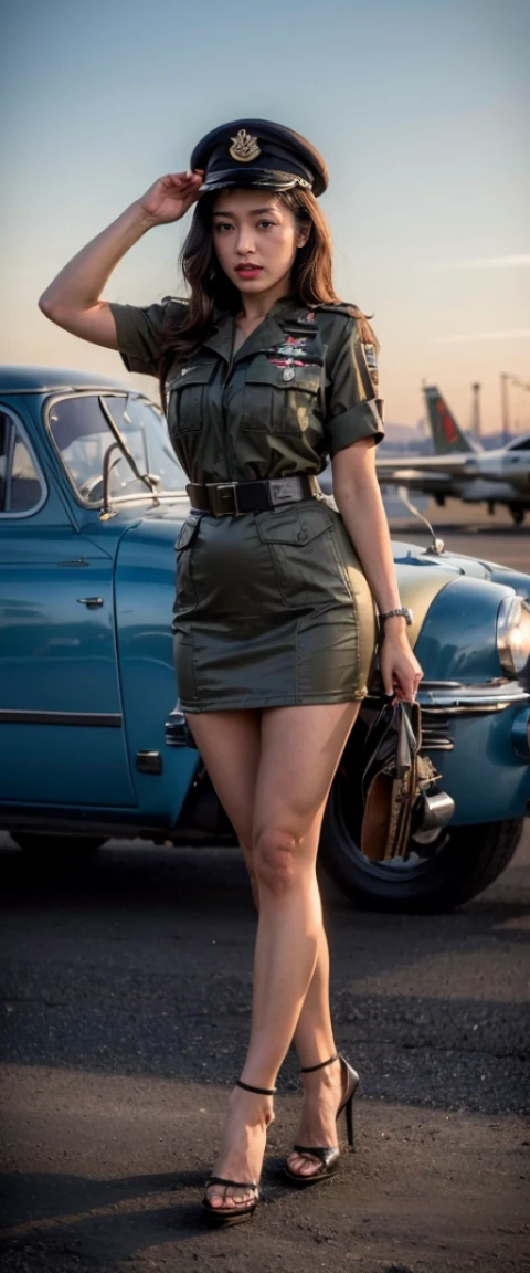((masterpiece, best quality, Highest image quality, High resolution, lifelike, original photo, 8K)), 1950s Film,film grain,at sunset,spectacular cloud formations,View of the military airport Alafid,There is a World War II fighter plane parked in front, with 机场searchlight, A female soldier is waiting for guests in front of the plane, lure, beautiful face,Highly detailed facial details,exquisite eyes,beautiful eyes,WWII military uniform and high heels, American female soldiers,Route 6 6, searchlight, 1 9 5 0 s United States Travel, some have searchlight, 外面searchlight, searchlight, gigantic searchlight, in arnie swicker, few searchlight, searchlight in background,salute,military salute