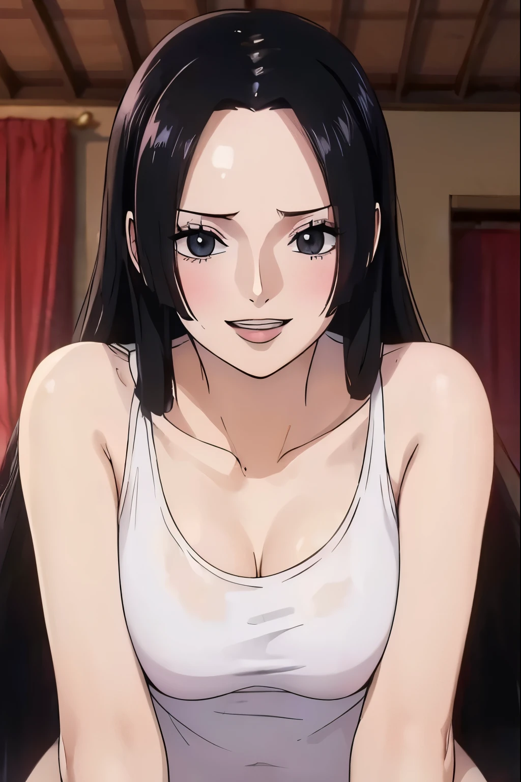 (((masterpiece))), (((best quality))), ((ultra-detailed)), (highly detailed CG illustration), Boa Hancock, (nsfw:1.4), (masterpiece:1.5), Detailed Photo, Smiling, Sexy, (Best Quality: 1.4), (1girl), Beautiful Face, (Black Hair, long Hair: 1.3), Beautiful Hairstyle,  beautiful detail eyes, (realistic skin), beautiful skin, absurd, attractive, ultra high resolution, high definition, (sexually aroused:1.5), Pinkish white skin, cool white light, sexy pose, Beautiful , white background, pink soft white light, Wear a white tank top,