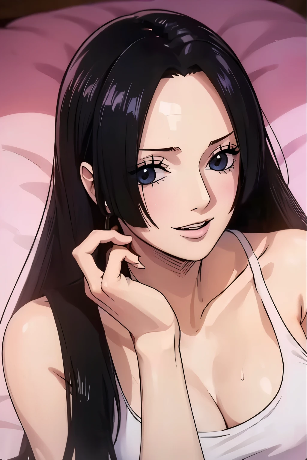 (((masterpiece))), (((best quality))), ((ultra-detailed)), (highly detailed CG illustration), Boa Hancock, (nsfw:1.4), (masterpiece:1.5), Detailed Photo, Smiling, Sexy, (Best Quality: 1.4), (1girl), Beautiful Face, (Black Hair, long Hair: 1.3), Beautiful Hairstyle,  beautiful detail eyes, (realistic skin), beautiful skin, absurd, attractive, ultra high resolution, high definition, (sexually aroused:1.5), Pinkish white skin, cool white light, sexy pose, Beautiful , white background, pink soft white light, Wear a white tank top,