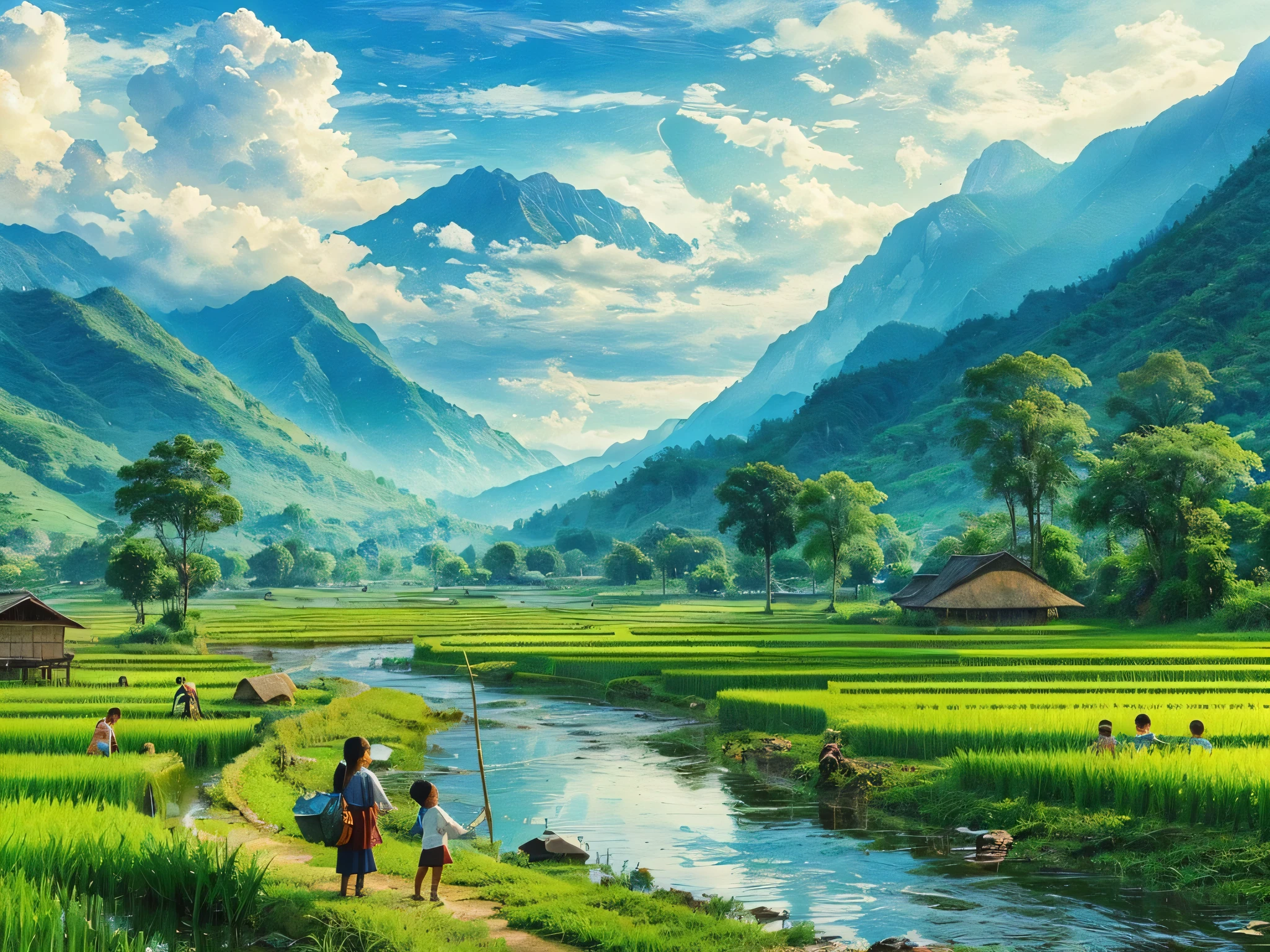 a beautiful rural picture with green rice fields, high mountains and bright blue skies, there is also a river which creates a beautiful rural atmosphere, there are small children playing on the edge of the rice fields, impressionism.