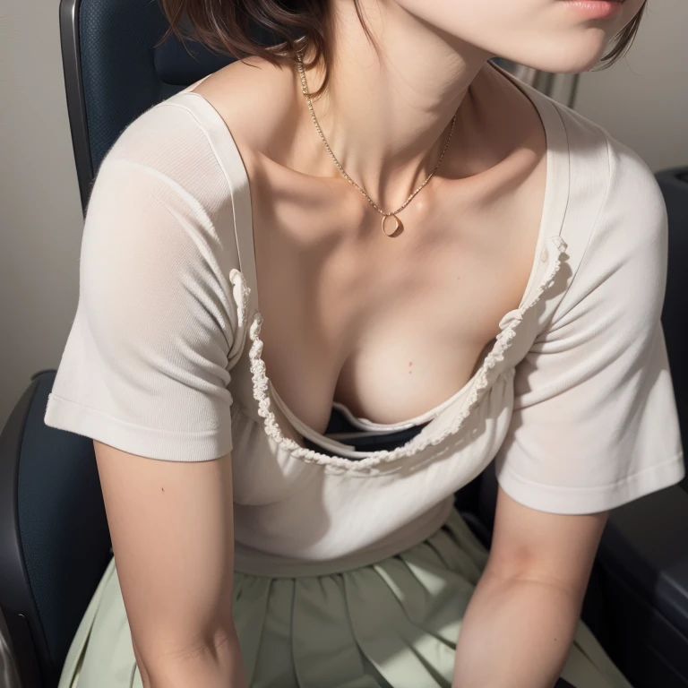 best quality, ultra high res, 8K, RAW photo ,cute school girl, japanese, solo, (((flat chest))),downblouse, small breasts, voluptuous, sexy detailed bra with embellishments,overlap shirts,(high resolution detail of human skin texture), short hair,necklace ,leaning over, view from above ,slender ,in classroom, oval face,expressionless ,