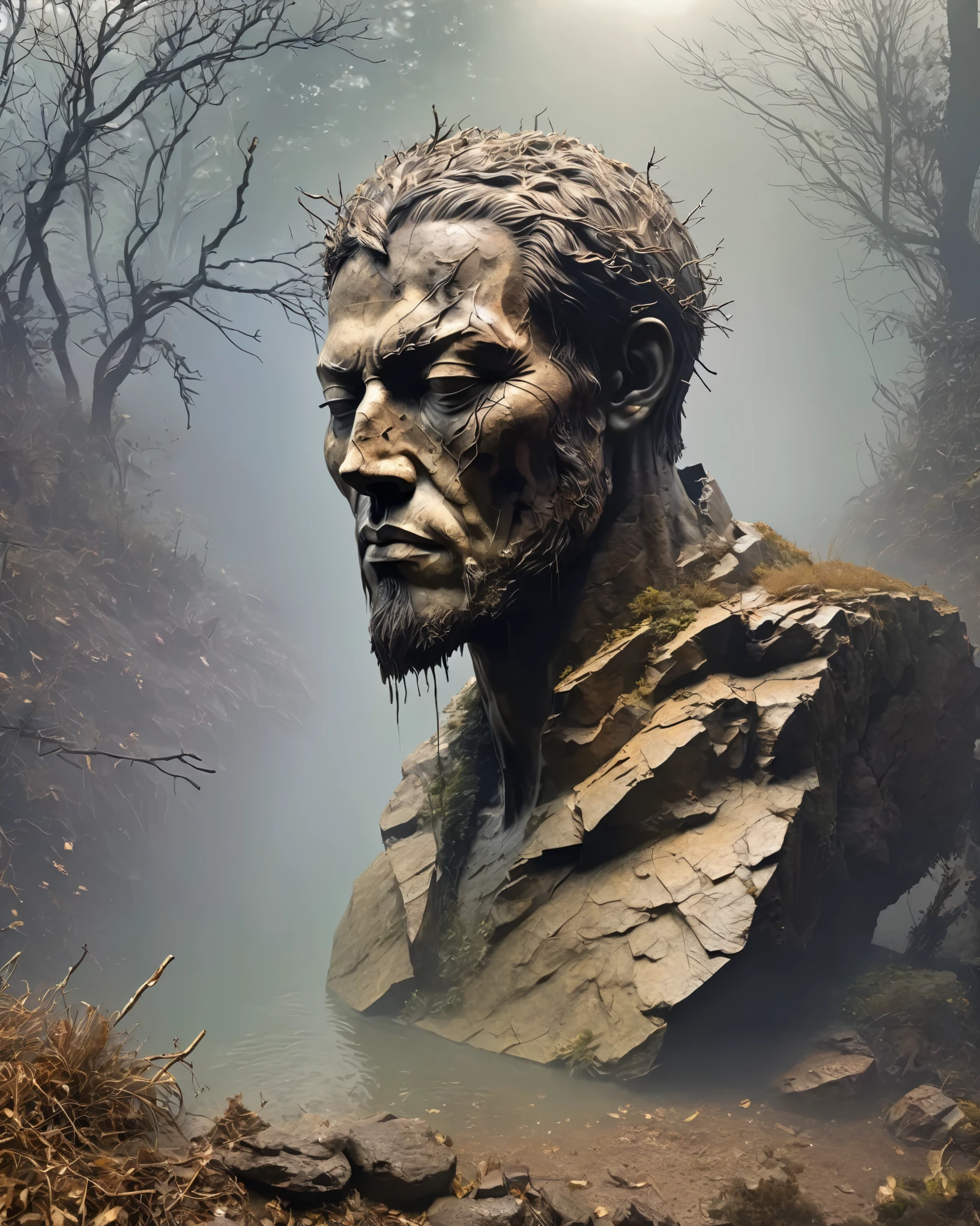 in a desolate landscape,A huge, handsome sculptured head immersed in water。The scene is shrouded in thick fog,Adds a sense of mystery and loneliness。The object itself appears dilapidated,There are cracks and signs of decay。the sculpture is surrounded by dry branches,In sharp contrast to the hazy background。Image quality reaches the highest level,Resolution is 4k or 8k,Capturing every intricate detail and texture。The realism of the artwork is emphasized,Demonstrating exquisite craftsmanship and lifelike characterization。Lighting is carefully planned,Cast shadows and create dramatic highlights,Enhances the overall atmosphere。Dark and soft tones are the main colors of the work.,Also adding some subtle desaturated tones and earthy tones。Tip Completed,Stable diffusion is possible。