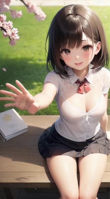 1 girl, blush, cosmetics, Yellow school uniform, whole body, wide angle, from above, garden,light, glow, thigh , clavicle, Willow Yao, (on the table), wallpaper,wet、Micro underwear that can be seen through clothes、short black hair,Smile,greet,Waving,hairpin,low collar,ditch,(((Waving,pray))),Under the cherry blossom tree,Heart-shaped neckline,Chest dew,bare legs,low collar口