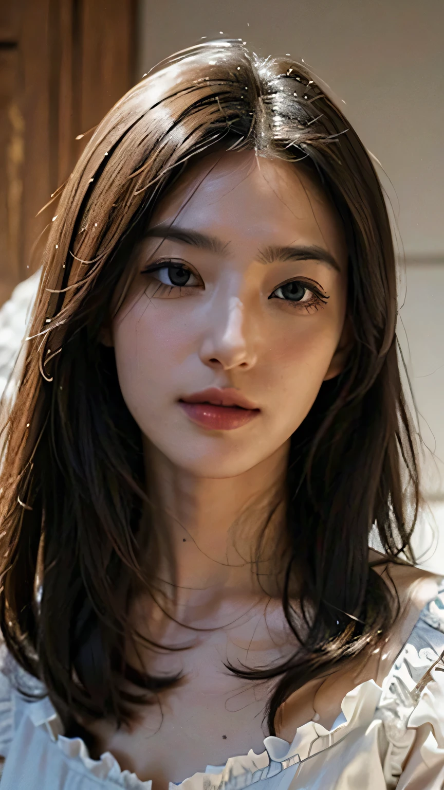 Eine Frau, Full body photo, Highest image quality, good quality, Der Hintergrund ist klar,Beautiful woman, japanisch, detailliert, detaillierte augen, detaillierte Haut, Nice skin, high resolution, (Wirklichkeit: 1.4),Sehr Beautiful woman, slightly younger face, Nice skin, slender, (Ultra fotorealistisch), (high resolution), (8K), (sehr detailiert) (beautifully detailed eyes), (super detailliert), (detailliert face), den Betrachter ansehen, Feine Details, detaillierts Gesicht, Starrt geradeaus, Starrt geradeaus, Fotos realistisch, Helle Beleuchtung, Professionelle Beleuchtung, schwarzes Haar, Pferdeschwanz, junges Gesicht, 23 Jahre alt, Langer Pferdeschwanzfrisur, Slight smile, Orange long dress with lots of ruffles, weich geformter kurzer Rock, Nahaufnahme des Gesichts,