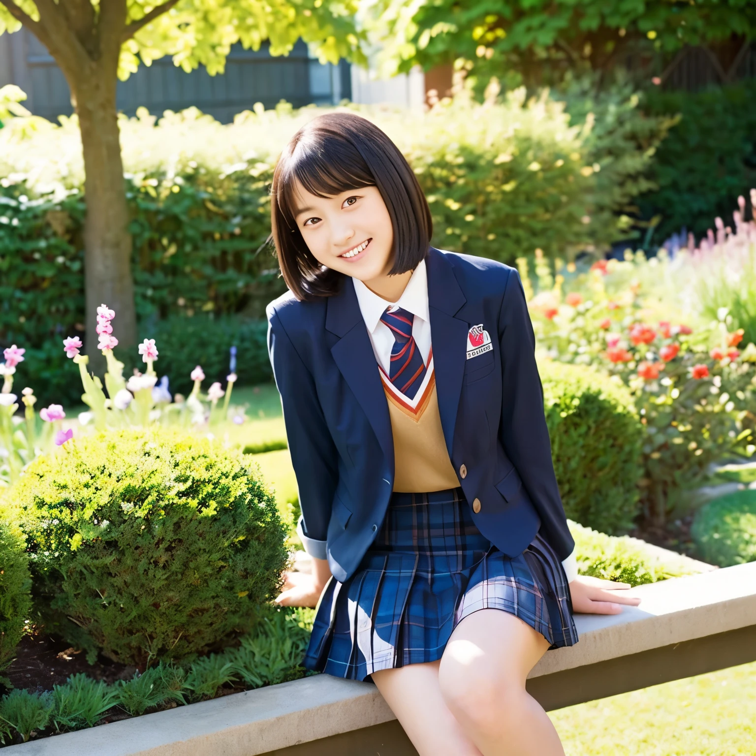 high school girl、tall、short hair、blazer、tie、skirt、garden、sit、thighs、smile