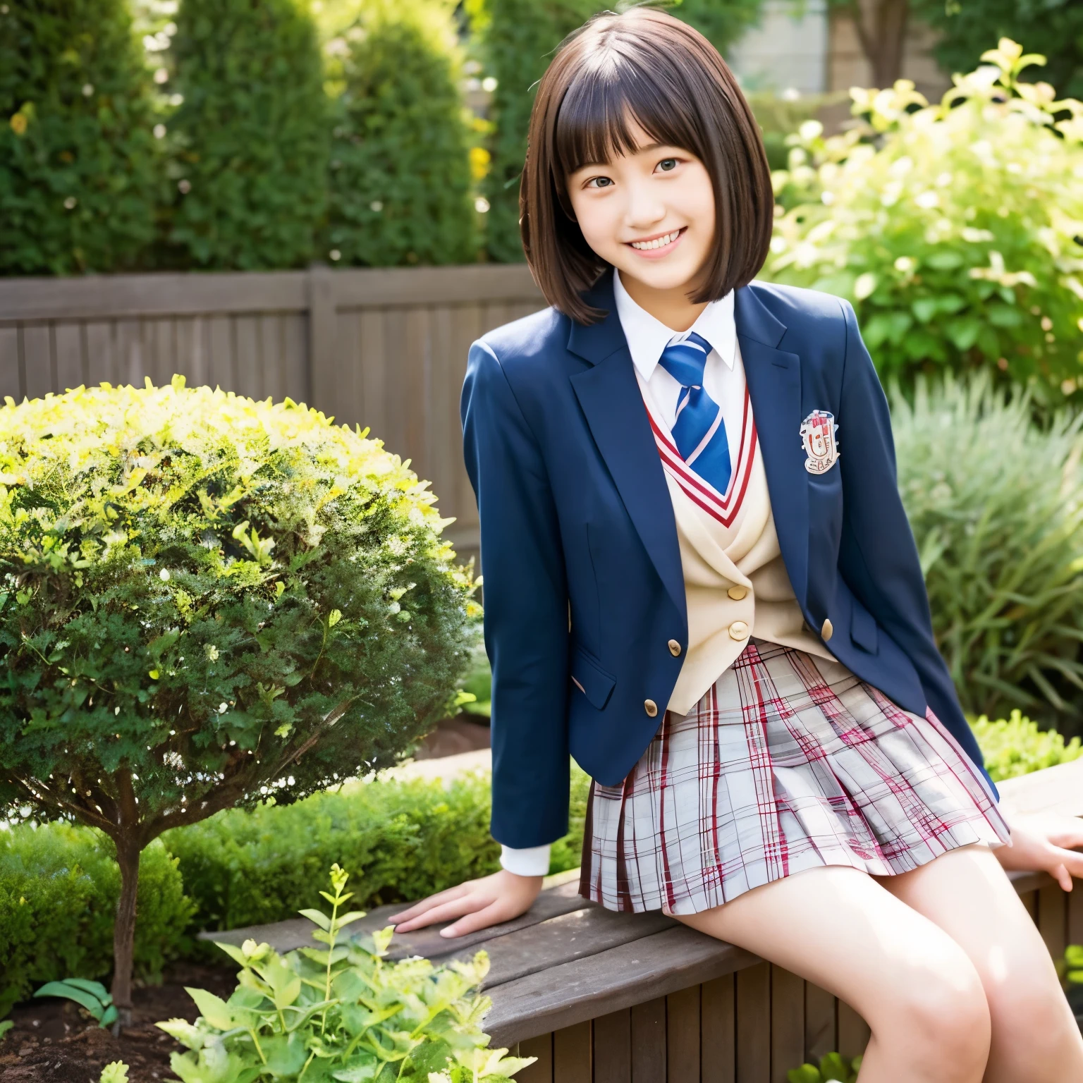 high school girl、tall、short hair、blazer、tie、skirt、garden、sit、thighs、smile