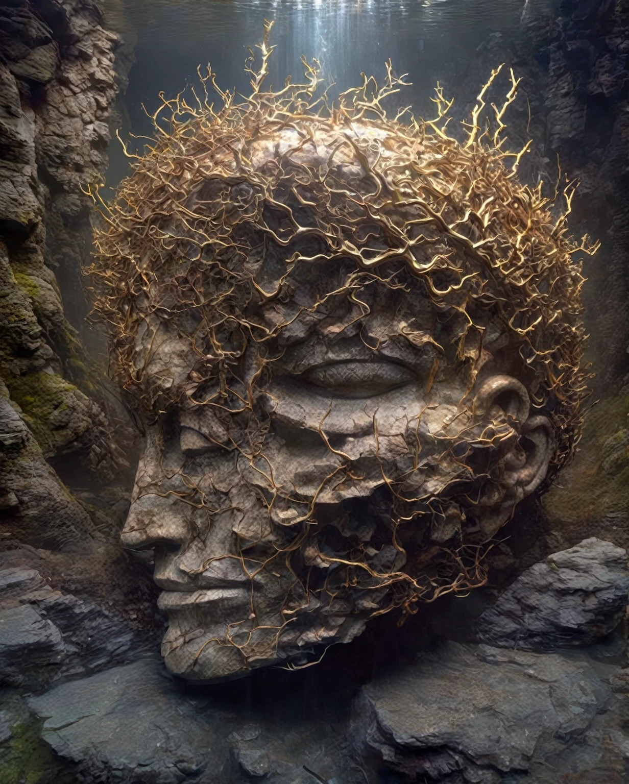 Big Dumb Object，Portrait of a huge head sculpture falling in water，Great Wilderness，Dense fog，old，Dead branches，Art style of Philip Hodas，Matte of the human soul, realism ，BDO works by American digital artist Stuart Lippincott，Use advanced tones and shading，Creates a dazzling and mysterious light，The deep spatial pattern and mysterious atmosphere,Create a sci-fi mechanical god realm,Highlighting the insignificance of human beings，and fear of the unknown，minimalist art，fantasy，Surrealism，Handsome man&#39;s face