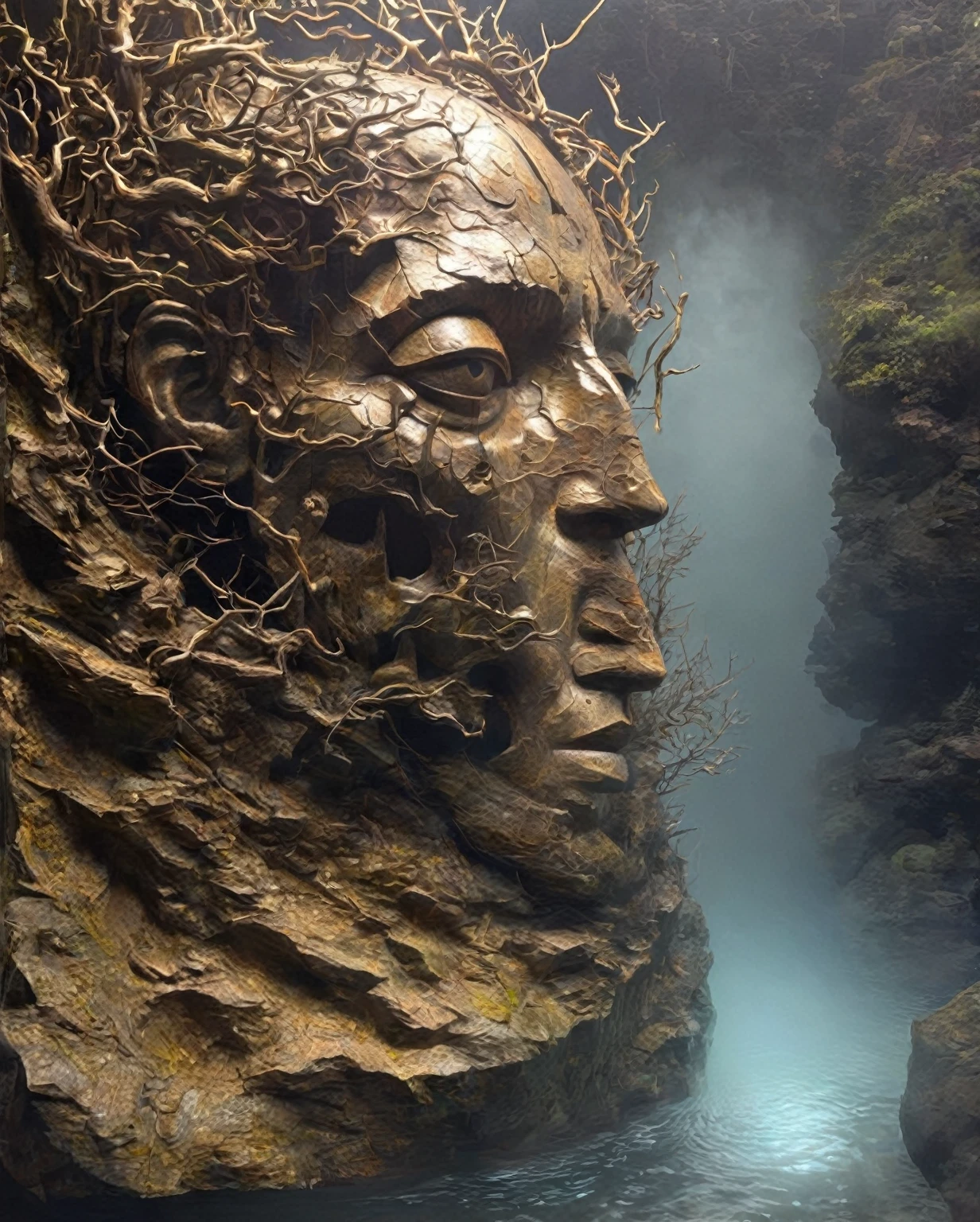 Big Dumb Object，Portrait of a huge head sculpture falling in water，Great Wilderness，Dense fog，old，Dead branches，Art style of Philip Hodas，Matte of the human soul, realism ，BDO works by American digital artist Stuart Lippincott，Use advanced tones and shading，Creates a dazzling and mysterious light，The deep spatial pattern and mysterious atmosphere,Create a sci-fi mechanical god realm,Highlighting the insignificance of human beings，and fear of the unknown，minimalist art，fantasy，Surrealism，Handsome man&#39;s face