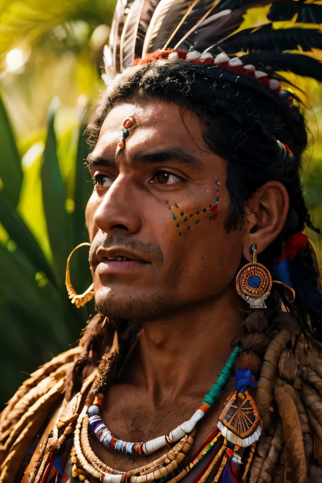 indigenous man of the indigenous Amazonian peoples in Brazil, todo corpo, with feathers on her head and a necklace, ayahuasca shaman, guerreiro, wearing authentic costume, tribo antiga, roupas tribais, olhos perfeitos, perfect irises, perfect lips, pele perfeita, luz natural suave, brilho , (cores suaves: 1.2) hiper-real, realista, Realismo, Rendering, Alto contraste, realistic trend digital art photography on Artstation 8k HD high definition detailed realistic, detalhada, textura da pele, hiper detalhada, textura de pele realista, melhor qualidade, ultra-high resolution, (fotorrealista: 1.4), high resolution, detalhado, Calado bruto, re refinado, por lee jeffries Nikon D850 Filme Fotografia de Stock 4 Kodak Portra 400 Lente F1.6 Rich Colors Realistic Texture Dramatic Texture Dramatic Lighting Irrealengine Trend on Artstation Cinestill 800