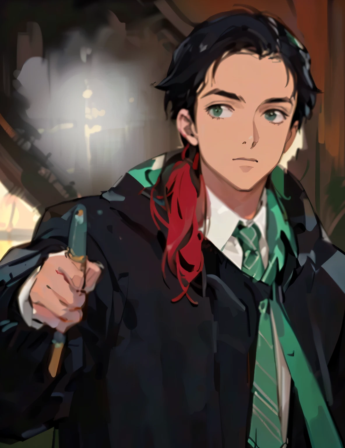 Change the image to a 2D anime boy with long black hair and red at the ends. Wearing the Slytherin outfit in Harry Potter The left hand holds a brown wand.