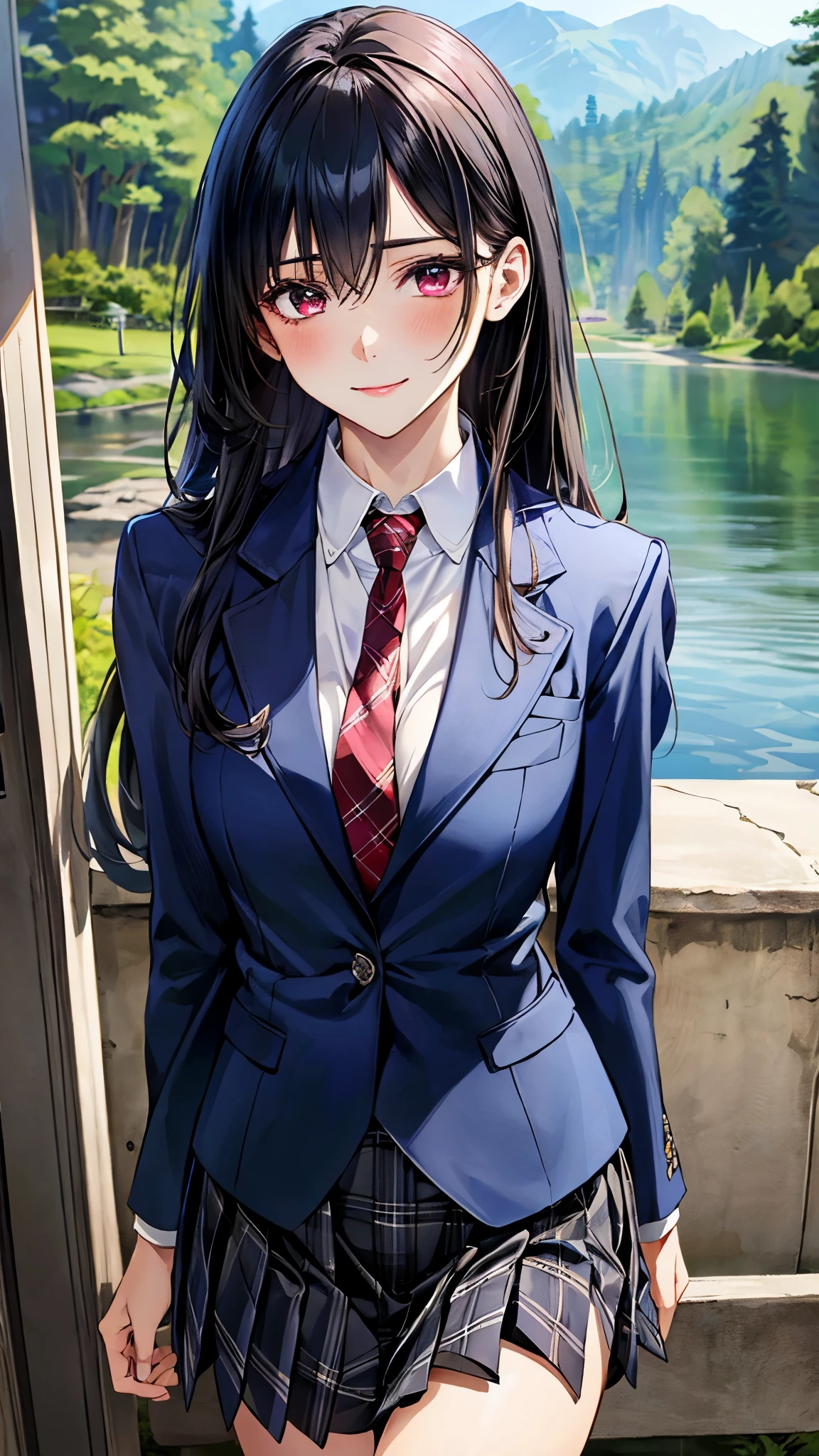 (masterpiece:1.2, top-quality), (realistic, photorealistic:1.4), beautiful illustration, (natural side lighting, movie lighting), surrealism,
beautiful detailed hair, beautiful detailed face, beautiful detailed eyes, beautiful clavicle, beautiful body, beautiful chest, beautiful thigh, beautiful legs, beautiful fingers,
looking at viewer, cowboy shot, 1 girl, high school girl, perfect face, (perfect anatomy, anatomically correct), cute and symmetrical face, babyface, , shiny skin,
(long hair:1.5, straight hair, black hair), hair between eyes, (medium-violet-red) eyes, big eyes, long eye lasher, (medium breasts, big ass), slender,
((white headband, collared white shirt, gray plaid pleated skirt, dark red tie, (navy blazer, closed blazer))),
(beautiful scenery), morning, riverside, (lovely smile, upper eyes),
