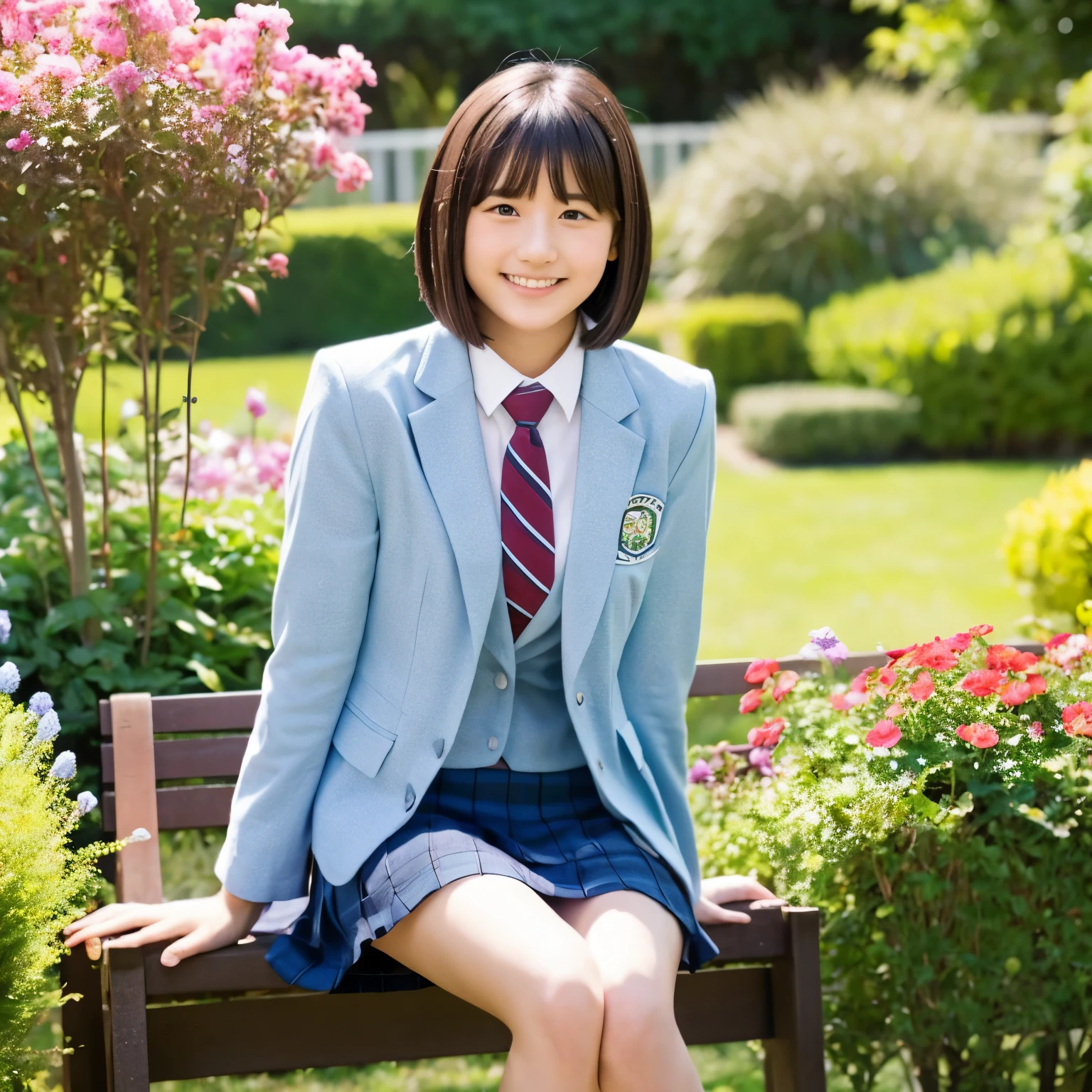 high school girl、tall、short hair、blazer、tie、skirt、garden、sit、thighs、smile