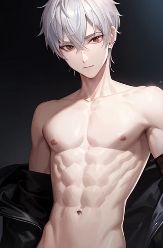 handsome boy silver hair piercings in both ears illustration style Slender body Thin abdominal muscles and small waist boy