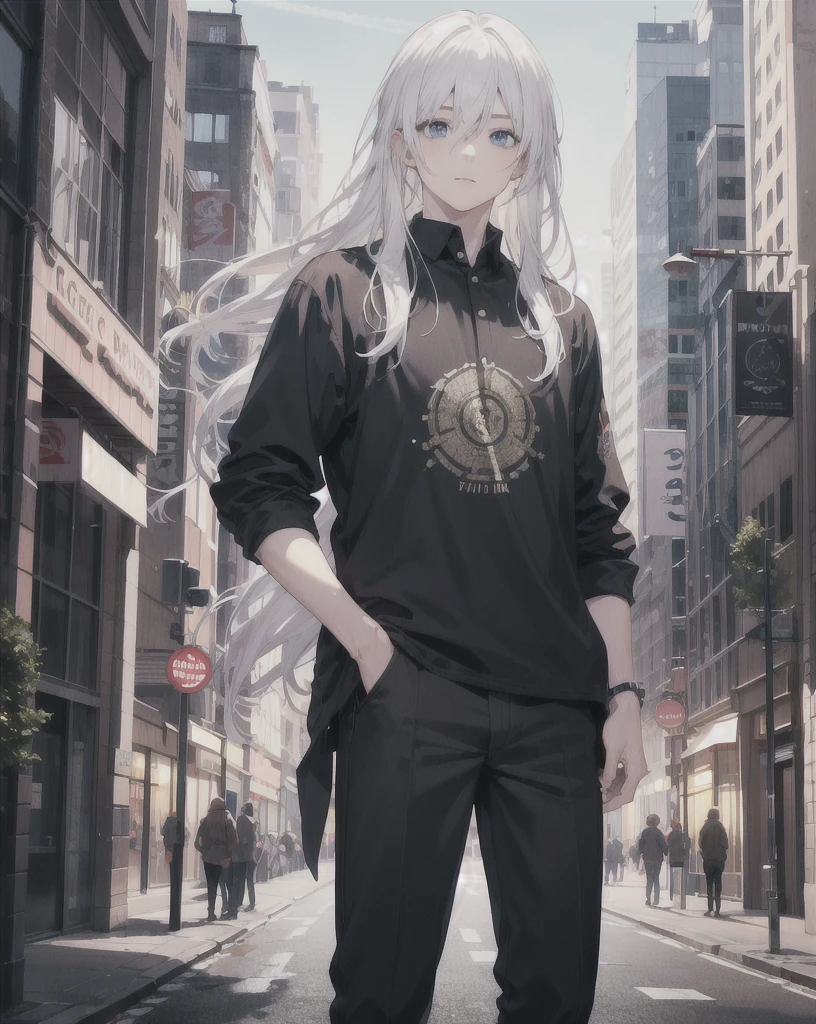 young boy,man,long hair,white hair,blue eyes,Standing in the middle of the city,realistic,4k,charming,very detailed,thin,