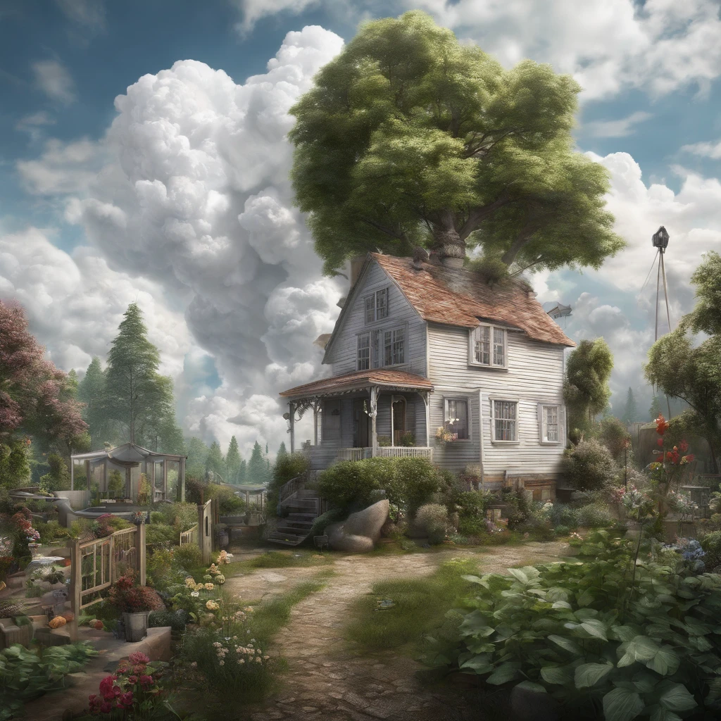 Thick white clouds,tall forest,small house in plants,courtyard,Swing,children,super realism