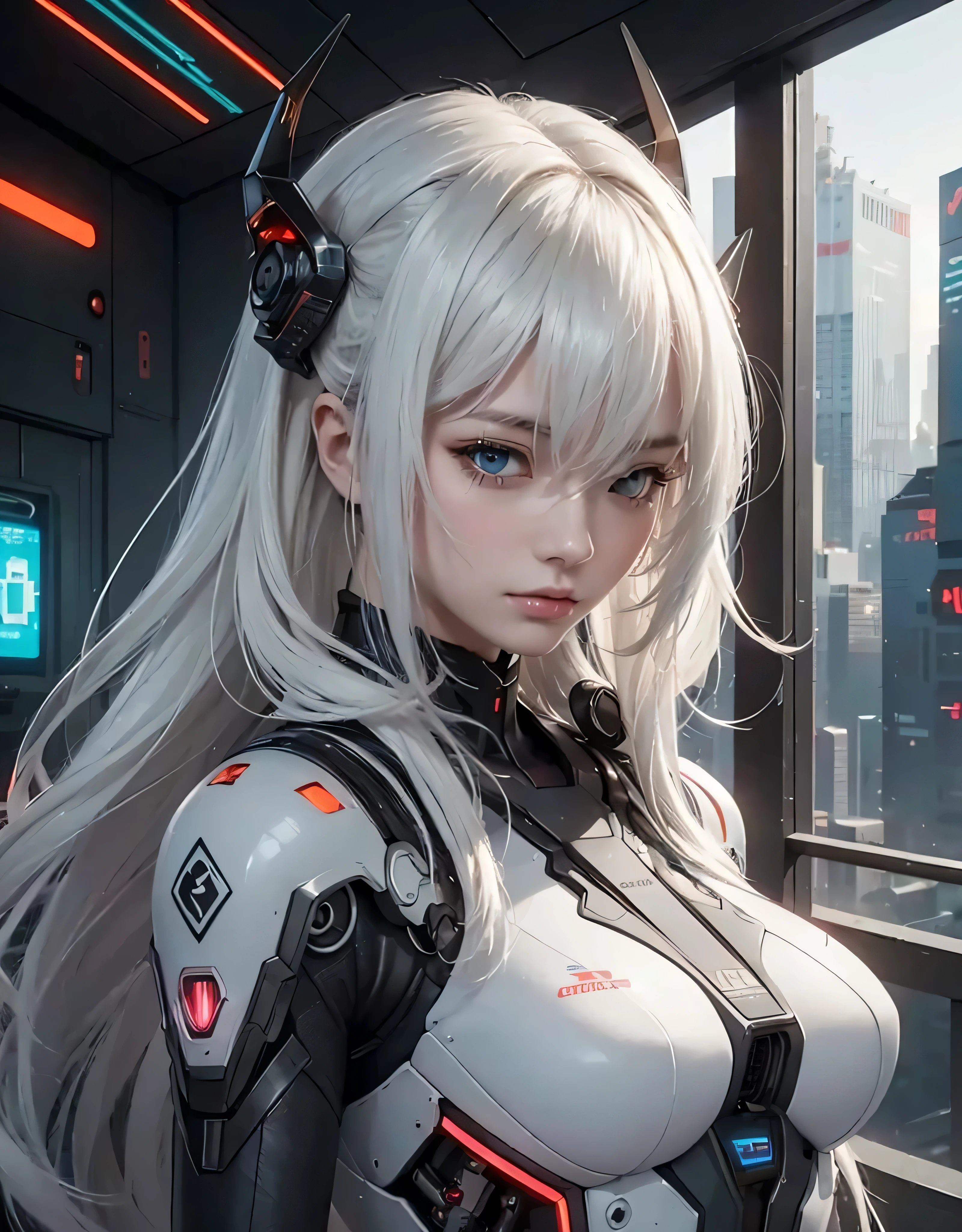 RAW image quality, 1 girl, Beautiful girl cyborg cyberpunk with skyscrapers in cyberpunk city, 白 hair, White and orange and black machine suit color combination, Body full of machines, Realistic futuristic hologram, Asian skin tone, beautiful eyes, beautiful asian face, Cyber Ear Machine, The suit is a solid mech, Bust formed by LCD film displaying information, Realistic Machines, SF Escape, The operation is a masterpiece, long hair, muste piece, cyberpunk suit, Realistic sci-fi building texture mechaesthetics, digital cyberpunk, looming over a city, Cyber Technology, realistic hair, A lot of hair, gray hair, Realistic metal three-dimensional effect of buildings, Realistic Neon Glow, Realistic neon signs, Great sidelights, Realistic futuristic cyberpunk building, Realistic Girl Robot Cyberpunk, A gathering fog, Hoogie, A masterpiece of detail, raw images, Depth of the bounds written, Points of Interless, Depth of the bounds written is amazing, Best Photographic Composition Masterpiece, Natural realistic hair, Rules for the third masterpiece photo, natural lighting, Masterpiece natural light shooting from the side, realistic skin texture, Strong reflection, ( Pinterest Pose) Masterpiece beautiful, devil's horns, Smooth Pixel, light, soft light, small breasts same, Cyber Mask Must Piece, Masterpiece Fantasy Gun, Carry fantasy weapons