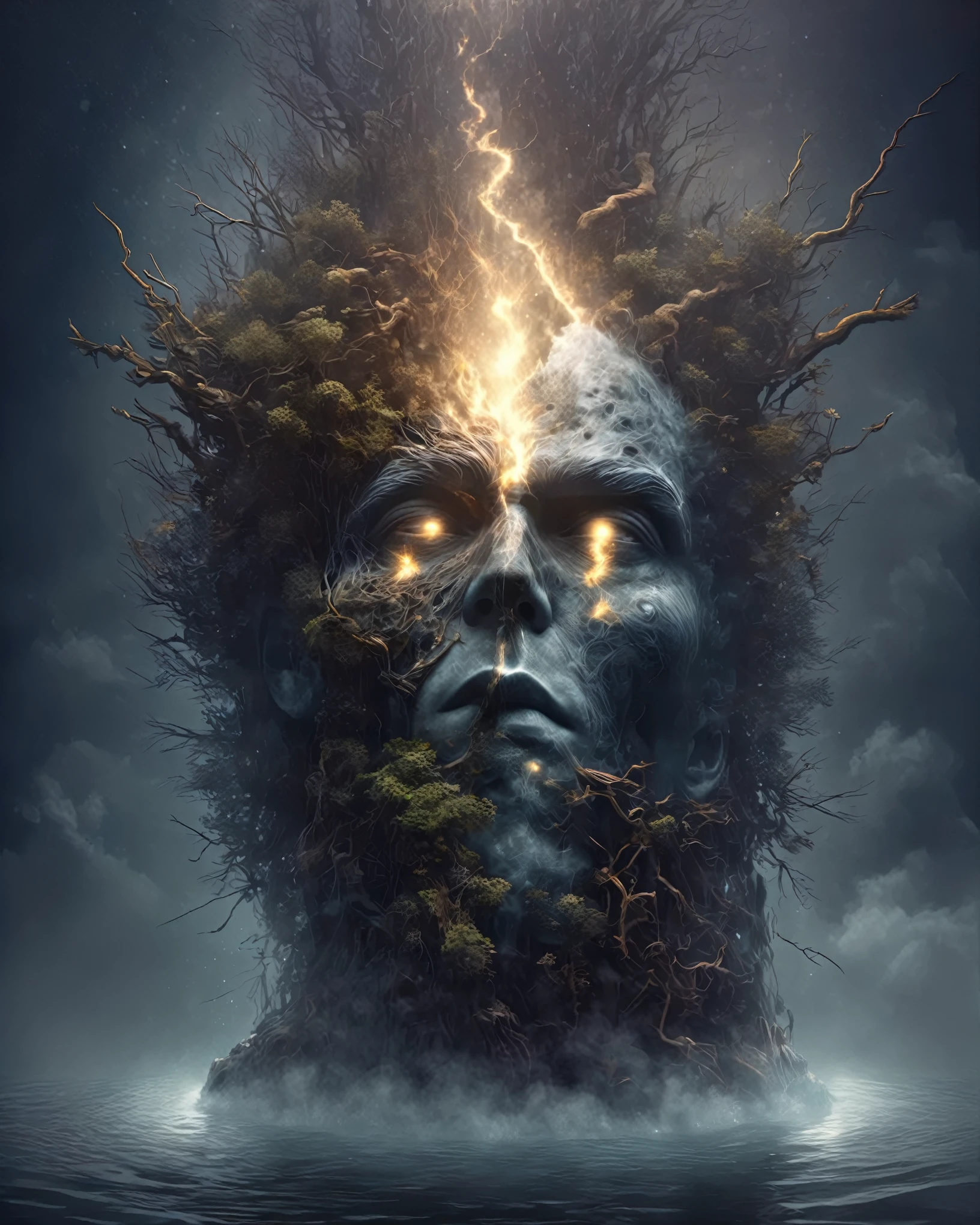 in style of conté artwork, portrait, beautiful detailed，Portrait of a huge head sculpture falling in water，Great Wilderness，Dense fog，old，Dead branches，Art style of Philip Hodas，Matte of the human soul, realism ，BDO works by American digital artist Stuart Lippincott，Use advanced tones and shading，Creates a dazzling and mysterious light，The deep spatial pattern and mysterious atmosphere,Create a sci-fi mechanical god realm,Highlighting the insignificance of human beings，and fear of the unknown，minimalist art，fantasy，Surrealism，Handsome man&#39;s face