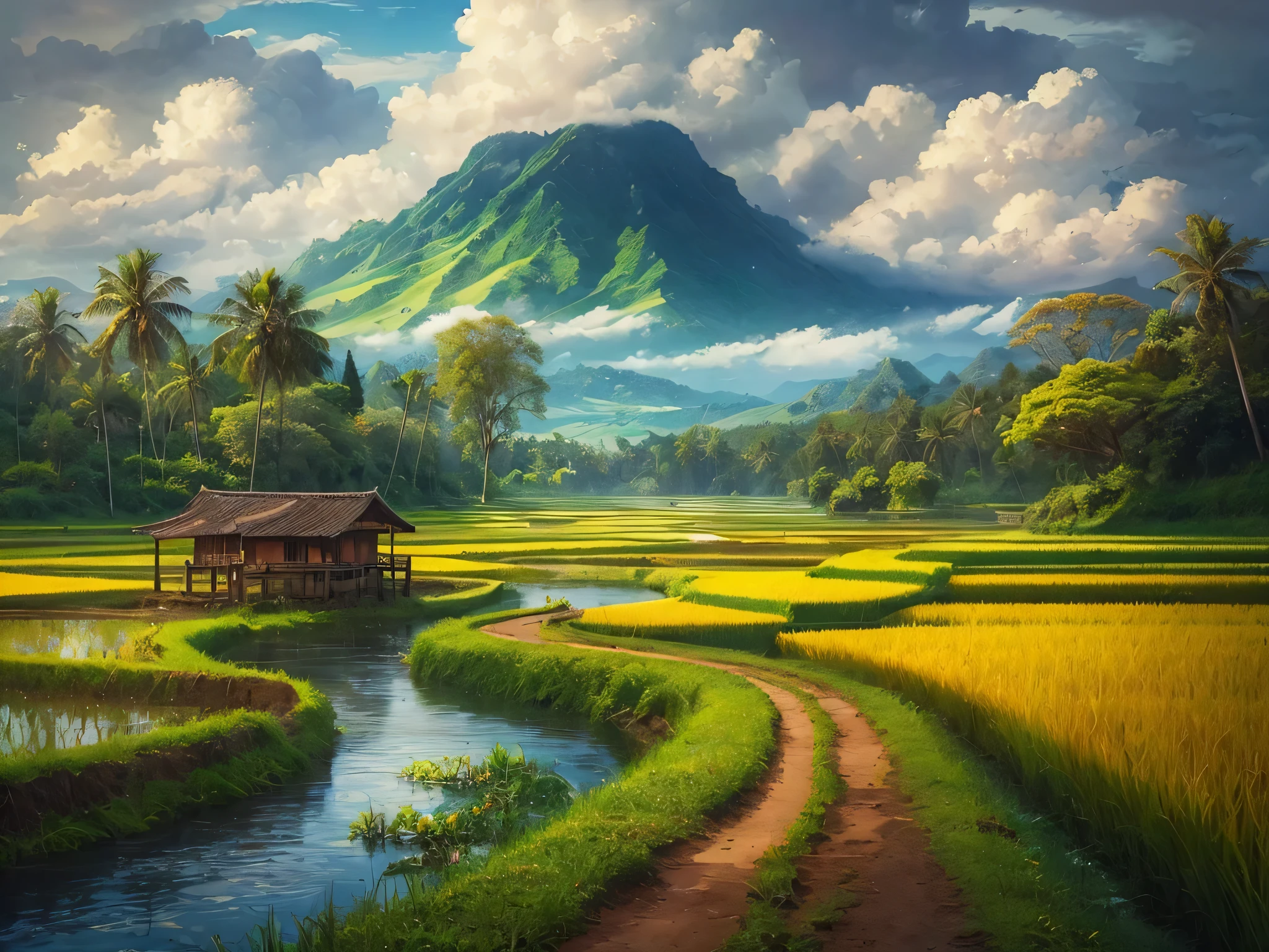 a beautiful rural picture with green rice fields, high mountains and bright blue skies, there is also a river which creates a beautiful rural atmosphere, there are small children playing on the edge of the rice fields, impressionism.