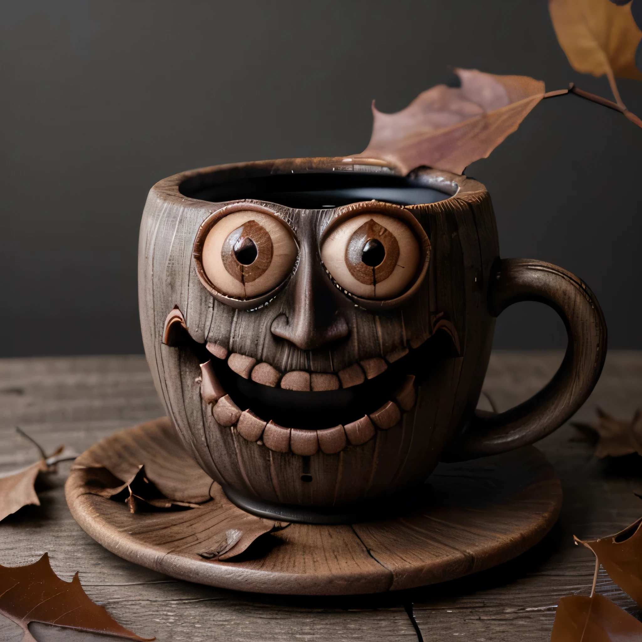 the cup is made of wood, has eyes and a mouth, scary eyes, evil eyes, evil teeth, scary teeth, leaves are in the cup