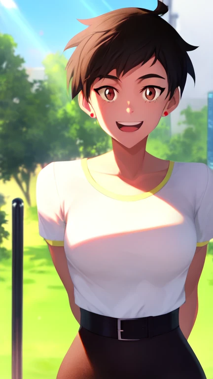 masterpiece, best quality, mawsLoisLane, 1girl, solo, black hair, short hair, brown hair, upper body, smile, shirt, white shirt, looking at viewer, outdoors, arms behind back, open mouth, black leggings, earrings, sunlight, 