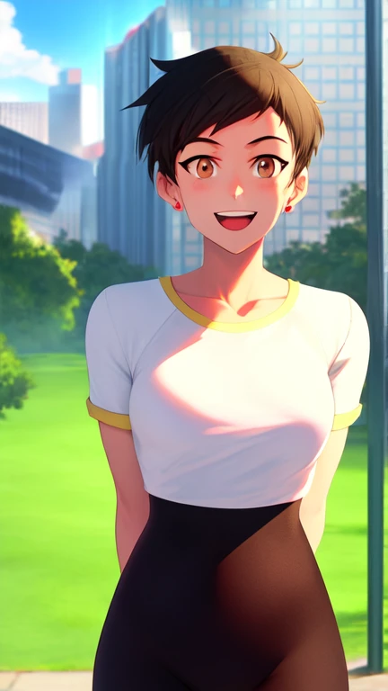 masterpiece, best quality, mawsLoisLane, 1girl, solo, black hair, short hair, brown hair, upper body, smile, shirt, white shirt, looking at viewer, outdoors, arms behind back, open mouth, black leggings, earrings, sunlight, 