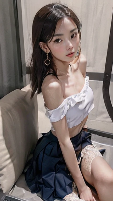 1 girl,personal,climax,watching_exist_audience,Brown air,skirt,split,bare shoulders,Brown Yes,jewelry,medium,sitting,earrings,白色skirt,lips,view,ocean,sofa,Open your legs realistically