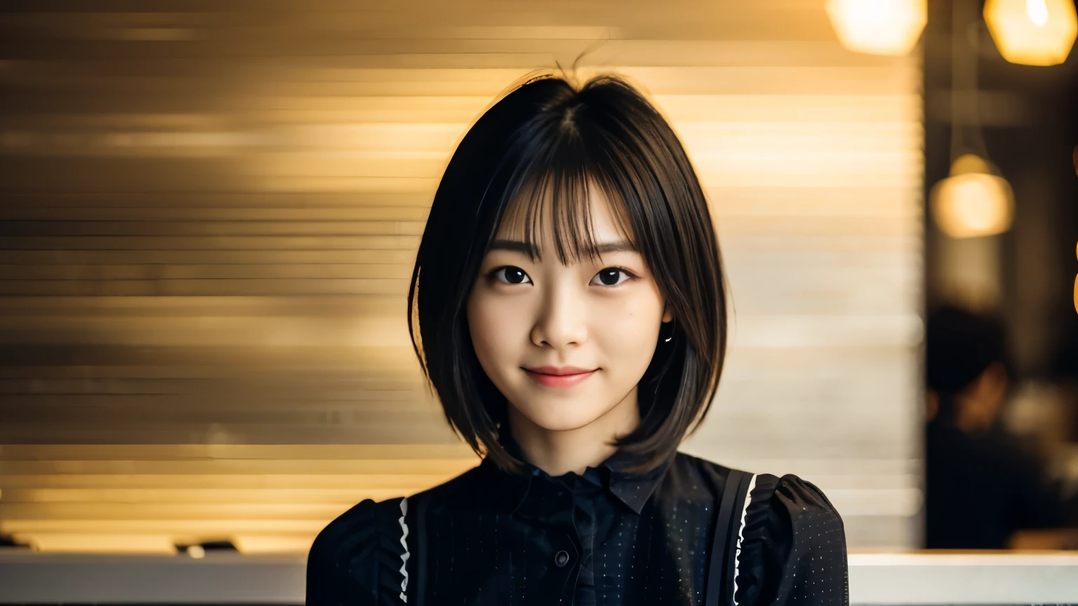 Photographed at a cafe in New York,photo-realistic, surreal, cinematic lighting, 32k, 1 girl, look up, Backlight, (bright light:1.2), (Improvement of quality:1.4), (Highest quality realistic textured skin:1.4), detailed eyes, detailed face, shy smile, short hair, blouse, (Enhances the beauty of skin texture:1.1), matte texture,Inside the cafe, beauty salon model,Japanese idol