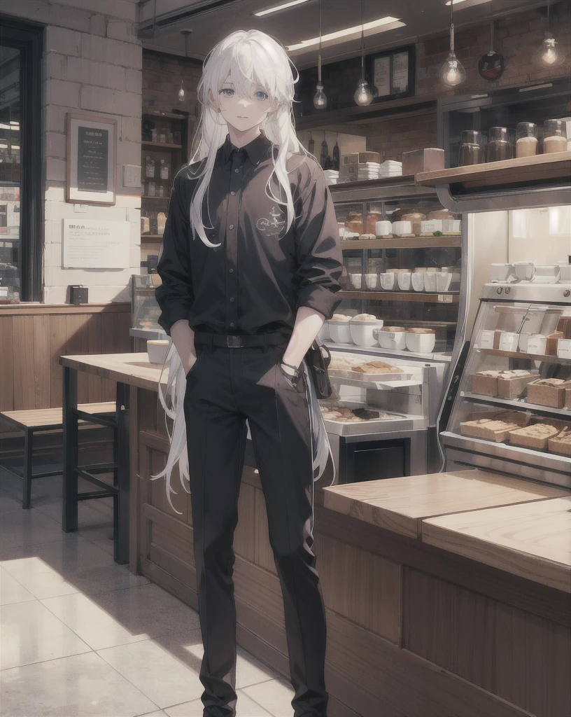 young boy,man,long hair,white hair,blue eyes,Standing in the middle of the city,coffee shop,realistic,4k,charming,very detailed,thin,