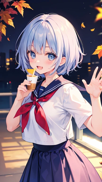 milk tea colored hair。fluffy hair。short hair。A fallen leaf sticks to your hair。Gauze on cheek。high school student。sailor suit。lively atmosphere。high resolution。High quality。School。smile。smiling with open mouth。