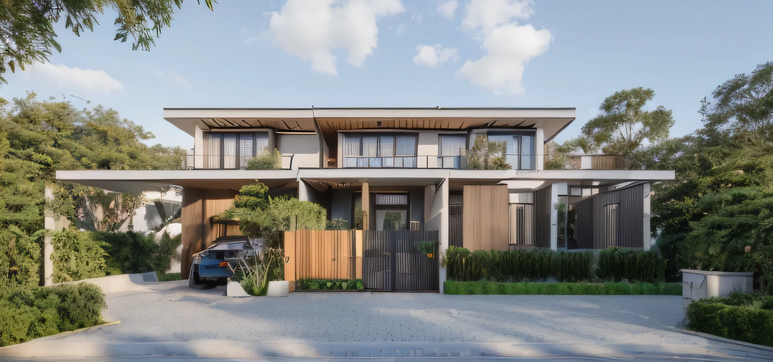 Townhouse in city, daylight,warm light, (sharp focus) front view of townhouse in style of modern, Vietnamese architecture ,mutual colours, soft lighting, warm atmosphere,high Resolution, hyper detailed,8k, hdr, ,vray render, hyper realistic,exterior design , professional photography, exterior photography,wide-angle shot , ultra detail, real world location, road sign, cityscape, pavement, ground vehice, cloudy sky. doors and windows are made by Xingfa. bancony have many trees , ivys, palms. black iron frame. wooden ceiling, ceiling light, black iron gate