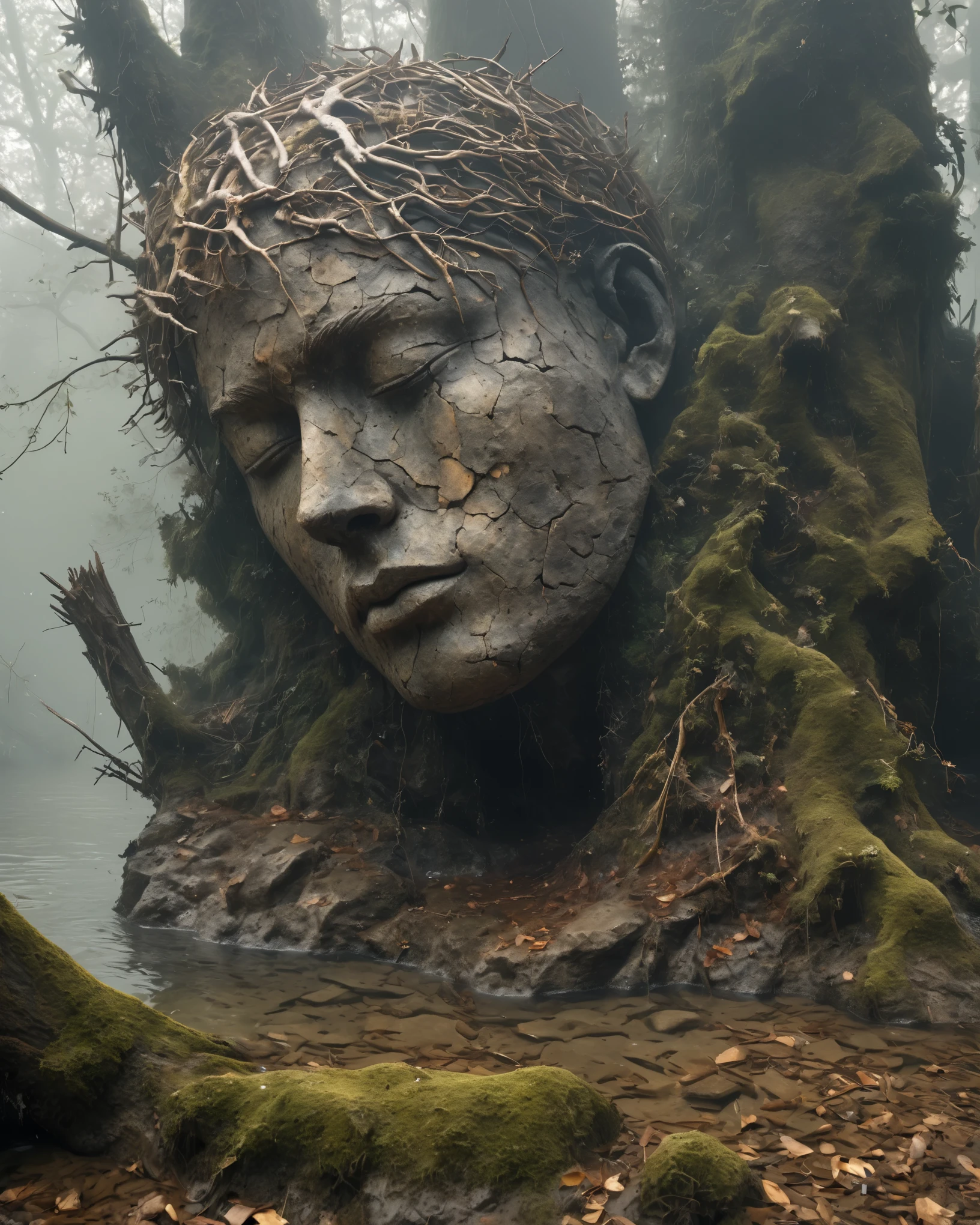 in a desolate landscape，(Close-up of a huge handsome sculpture head lying in the water）。The scene is shrouded in thick fog，Adds a sense of mystery and loneliness。The object itself appears dilapidated，There are cracks and signs of decay。the sculpture is surrounded by dry branches，In sharp contrast to the hazy background。Image quality reaches the highest level，Resolution is 4k or 8k，Capturing every intricate detail and texture。The realism of the artwork is emphasized，Demonstrating exquisite craftsmanship and lifelike characterization。Lighting is carefully planned，Cast shadows and create dramatic highlights，Enhances the overall atmosphere。Dark and soft tones are the main colors of the work.，Also adding some subtle desaturated tones and earthy tones。Tip Completed，Stable diffusion is possible。