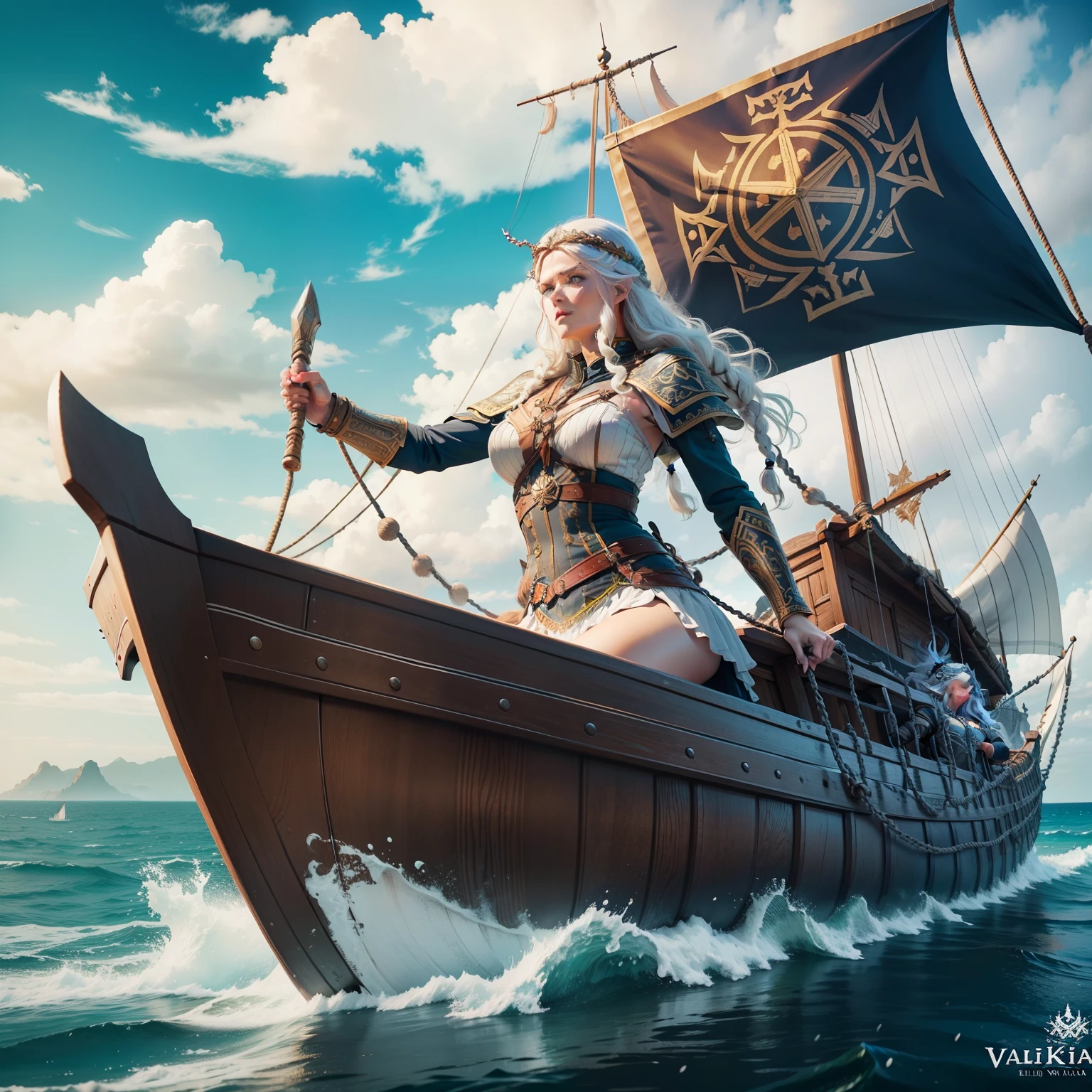 valkiria norse viking woman sailing on a ship , happy, ultra detailed
