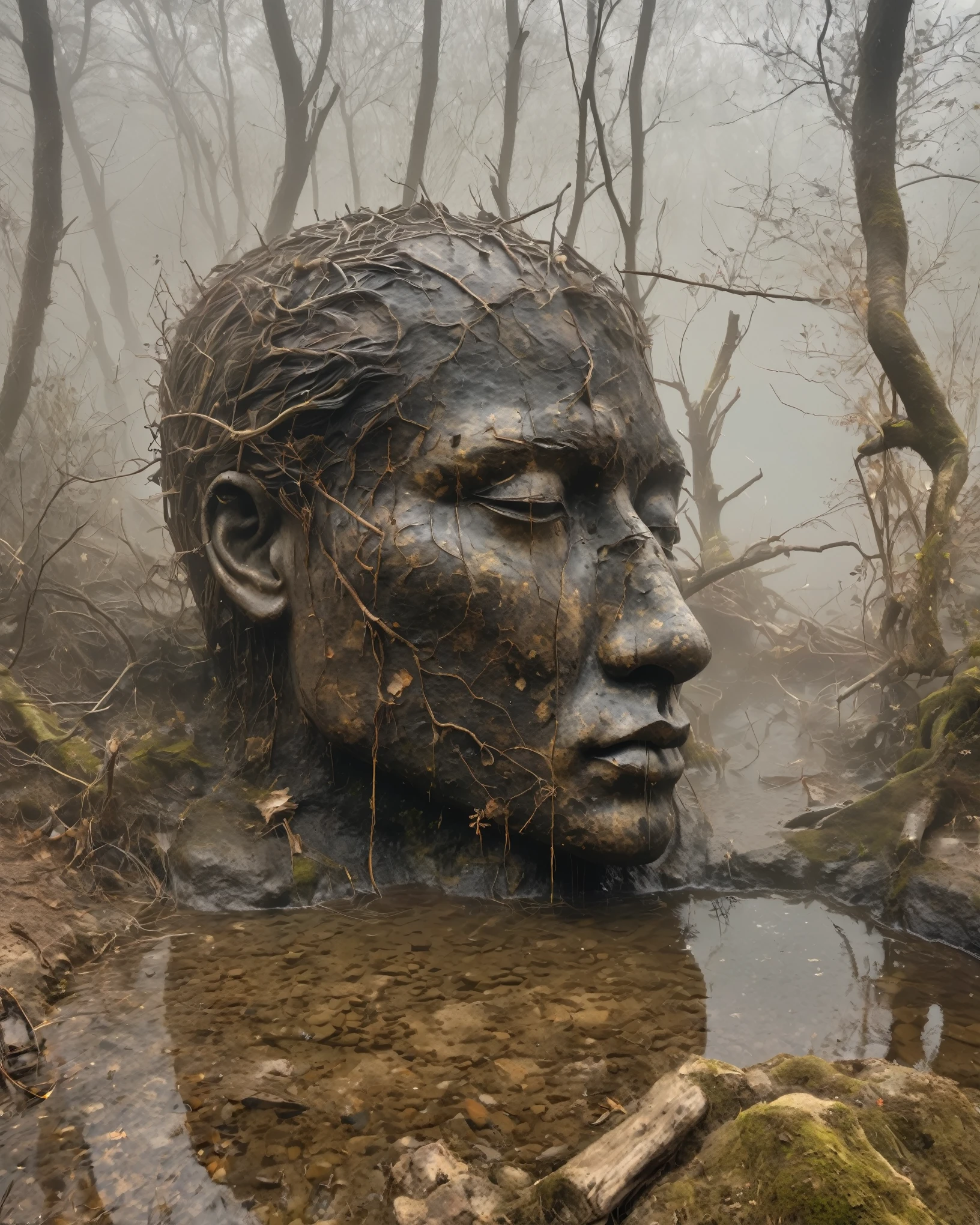 in a desolate landscape，(Close-up of a huge handsome sculpture head lying in the water）。The scene is shrouded in thick fog，Adds a sense of mystery and loneliness。The object itself appears dilapidated，There are cracks and signs of decay。the sculpture is surrounded by dry branches，In sharp contrast to the hazy background。Image quality reaches the highest level，Resolution is 4k or 8k，Capturing every intricate detail and texture。The realism of the artwork is emphasized，Demonstrating exquisite craftsmanship and lifelike characterization。Lighting is carefully planned，Cast shadows and create dramatic highlights，Enhances the overall atmosphere。Dark and soft tones are the main colors of the work.，Also adding some subtle desaturated tones and earthy tones。Tip Completed，Stable diffusion is possible。