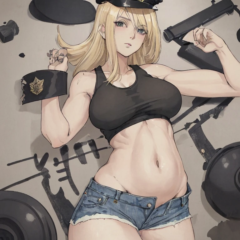 One beautiful blonde woman, black police hat, white tank top, belly button visible, torn denim shorts